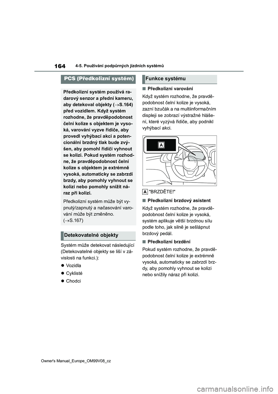 TOYOTA AYGO X 2022 Návod na použití (in Czech) 164
Owner's Manual_Europe_OM99V08_cz
4-5. Používání podpůrných jízdních systémů
Systém může detekovat následující
(Detekovatelné obje kty se liší v zá-
vislosti na funkci.): TOYOTA AYGO X 2022 Návod na použití (in Czech) 164
Owner's Manual_Europe_OM99V08_cz
4-5. Používání podpůrných jízdních systémů
Systém může detekovat následující
(Detekovatelné obje kty se liší v zá-
vislosti na funkci.):
