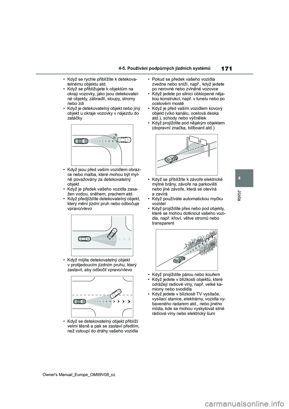 TOYOTA AYGO X 2022  Návod na použití (in Czech) 171
4
Owner's Manual_Europe_OM99V08_cz
4-5. Používání podpůrných jízdních systémů
Jízda
• Když se rychle přiblížíte k detekova- 
telnému objektu atd. • Když se přibližujete