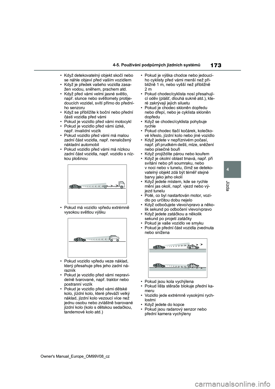 TOYOTA AYGO X 2022  Návod na použití (in Czech) 173
4
Owner's Manual_Europe_OM99V08_cz
4-5. Používání podpůrných jízdních systémů
Jízda
• Když detekovatelný objekt skočí nebo  
se náhle objeví př ed vaším vozidlem • Kdy
