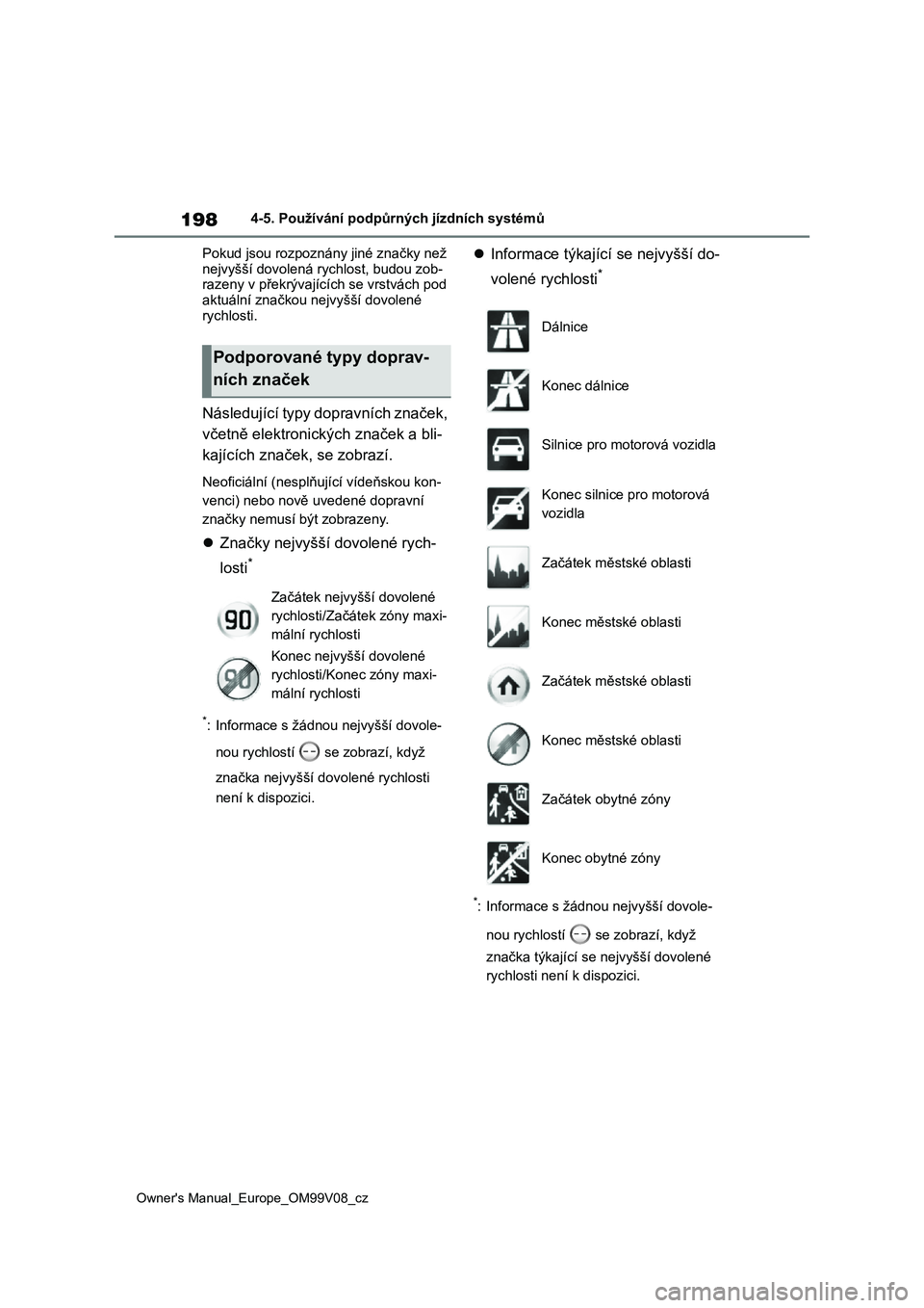 TOYOTA AYGO X 2022 Návod na použití (in Czech) 198
Owner's Manual_Europe_OM99V08_cz
4-5. Používání podpůrných jízdních systémů
Pokud jsou rozpoznán y jiné značky než
nejvyšší dovolená rychlost, budou zob- razeny v překrý TOYOTA AYGO X 2022 Návod na použití (in Czech) 198
Owner's Manual_Europe_OM99V08_cz
4-5. Používání podpůrných jízdních systémů
Pokud jsou rozpoznán y jiné značky než
nejvyšší dovolená rychlost, budou zob- razeny v překrý