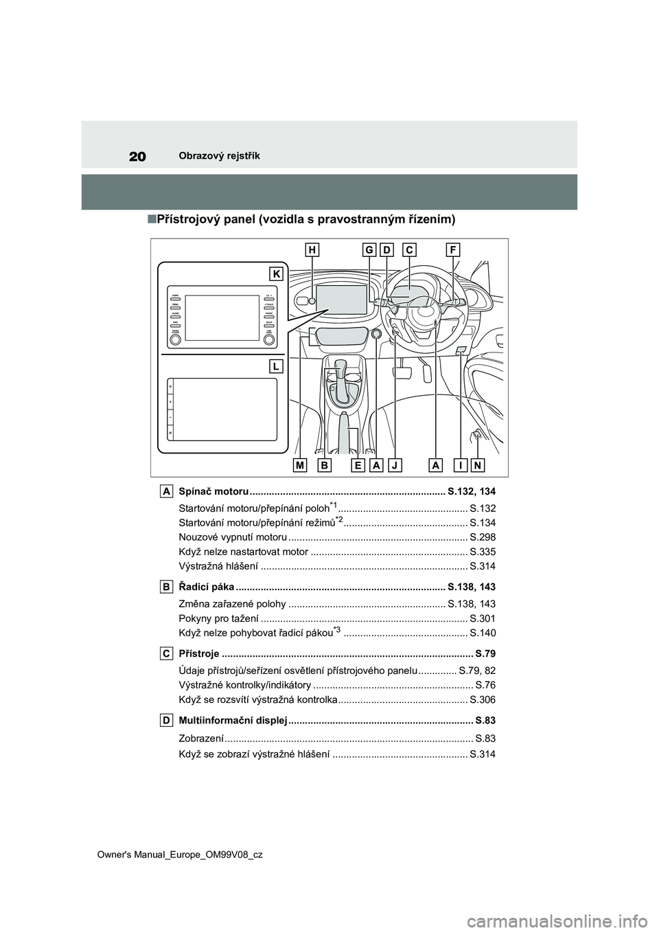 TOYOTA AYGO X 2022 Návod na použití (in Czech) 20
Owner's Manual_Europe_OM99V08_cz
Obrazový rejstřík
■Přístrojový panel (vozidla s pravostranným řízením)
Spínač motoru ............................................................. TOYOTA AYGO X 2022 Návod na použití (in Czech) 20
Owner's Manual_Europe_OM99V08_cz
Obrazový rejstřík
■Přístrojový panel (vozidla s pravostranným řízením)
Spínač motoru .............................................................