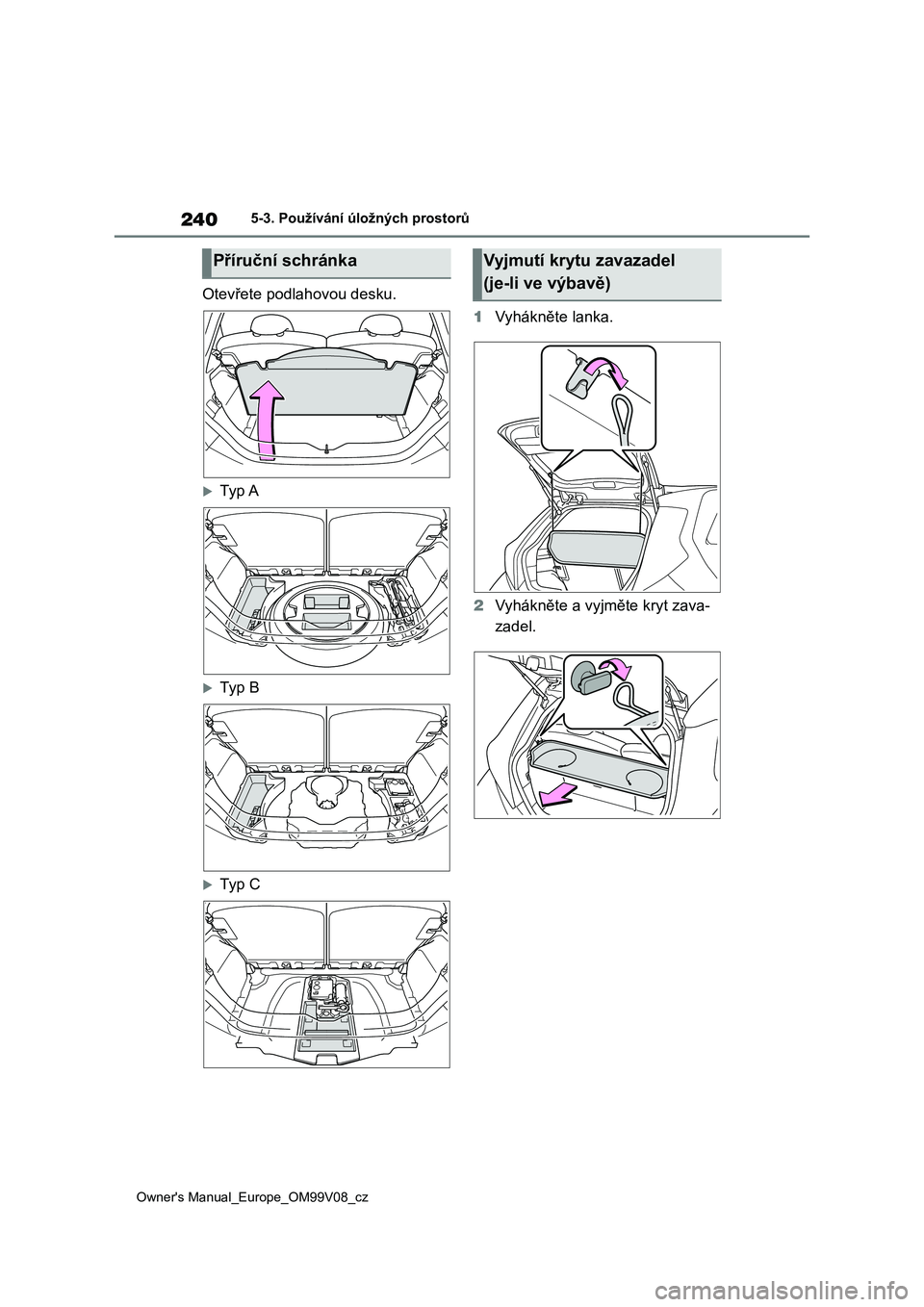 TOYOTA AYGO X 2022  Návod na použití (in Czech) 240
Owner's Manual_Europe_OM99V08_cz
5-3. Používání úložných prostorů
Otevřete podlahovou desku.
Ty p  A
Ty p  B
Ty p  C 
1 Vyhákněte lanka. 
2 Vyhákněte a vyjměte kryt zava