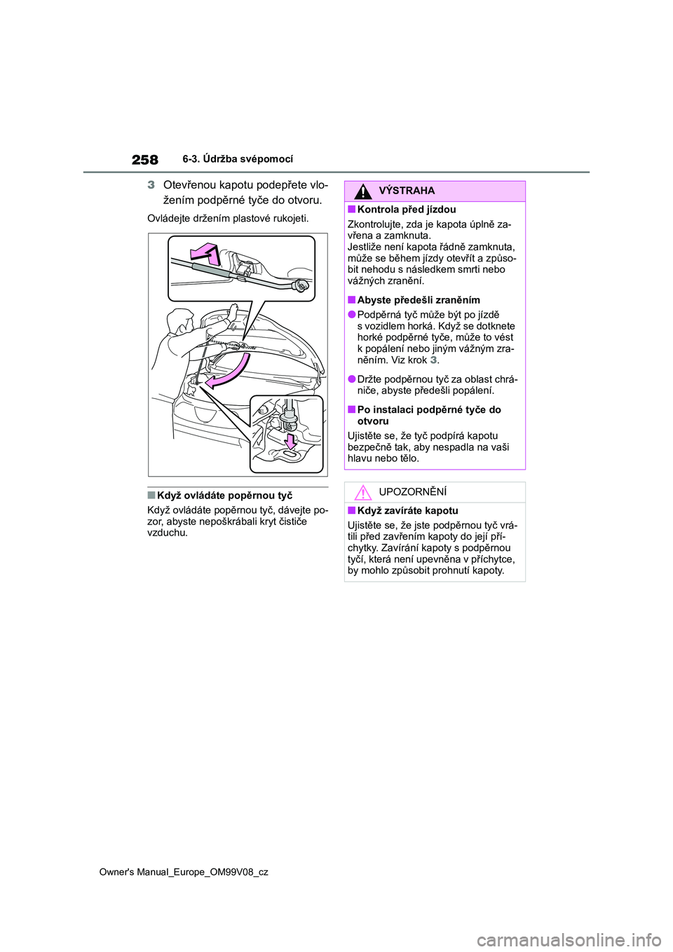 TOYOTA AYGO X 2022  Návod na použití (in Czech) 258
Owner's Manual_Europe_OM99V08_cz
6-3. Údržba svépomocí
3Otevřenou kapotu podepřete vlo- 
žením podpěrné tyče do otvoru.
Ovládejte držením  plastové rukojeti.
■Když ovládáte