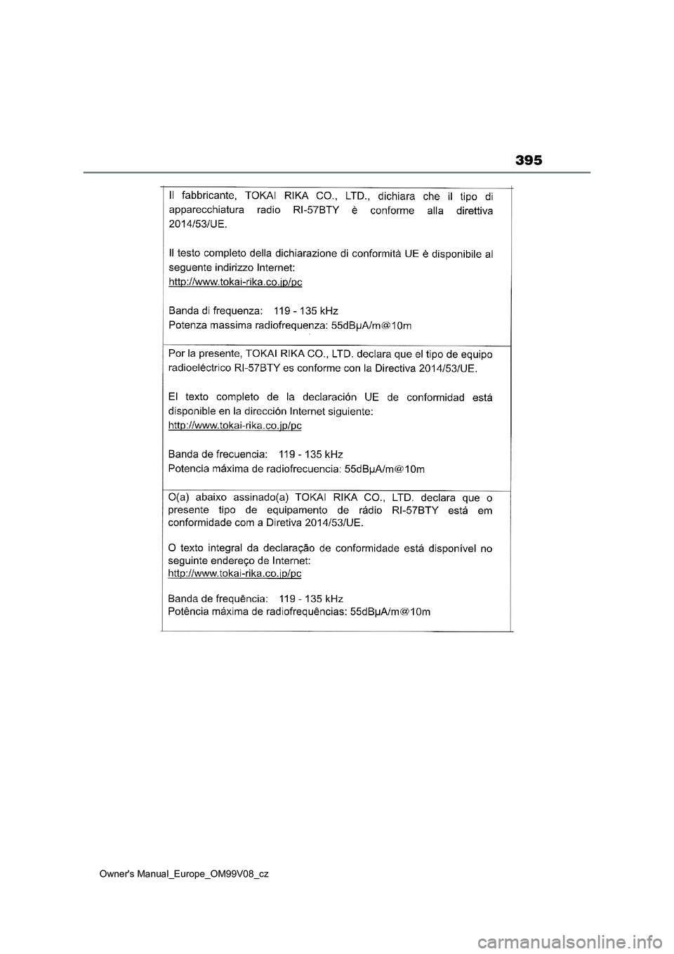 TOYOTA AYGO X 2022 Návod na použití (in Czech) 395
Owner's Manual_Europe_OM99V08_cz TOYOTA AYGO X 2022 Návod na použití (in Czech) 395
Owner's Manual_Europe_OM99V08_cz