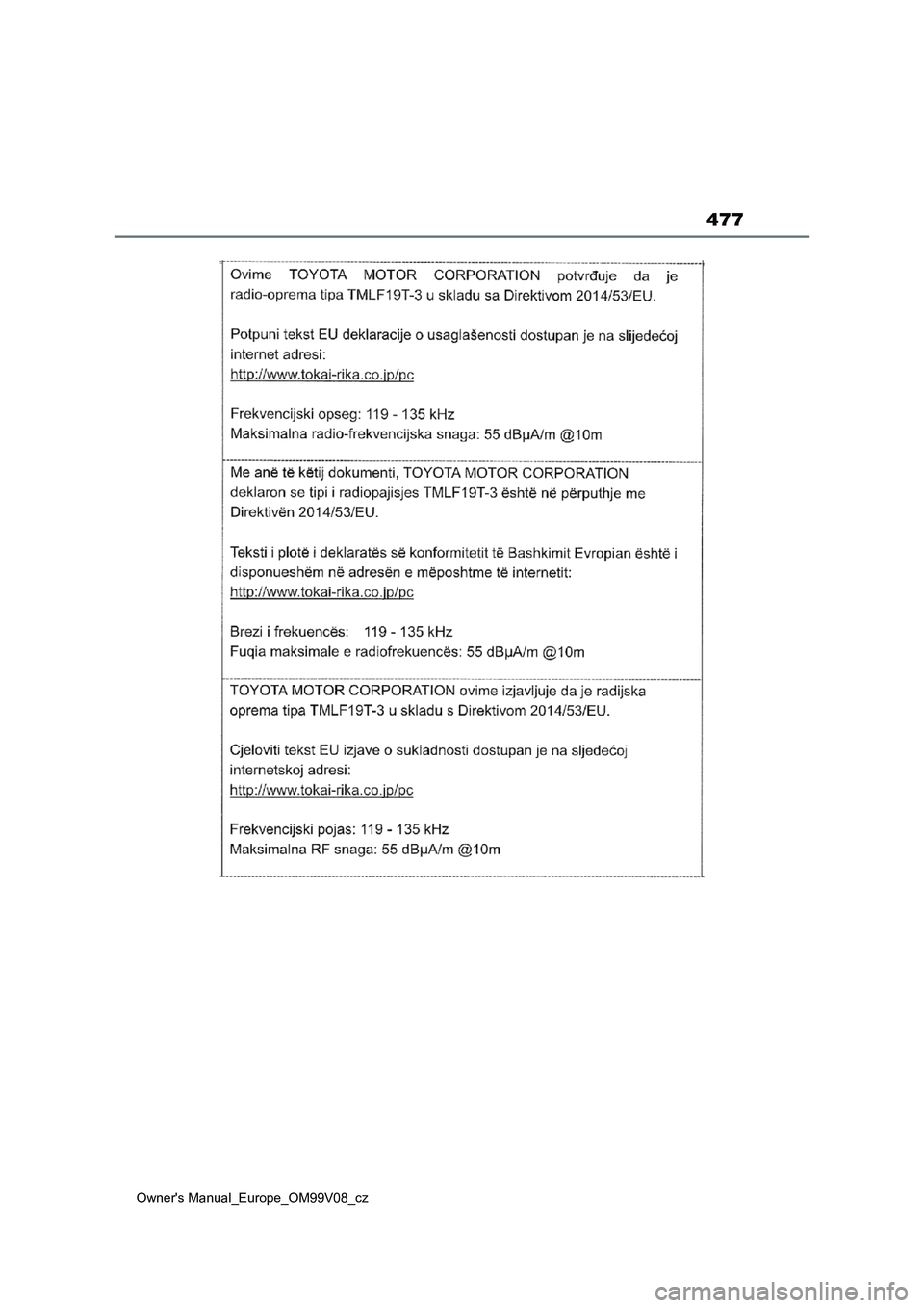 TOYOTA AYGO X 2022  Návod na použití (in Czech) 477
Owner's Manual_Europe_OM99V08_cz 