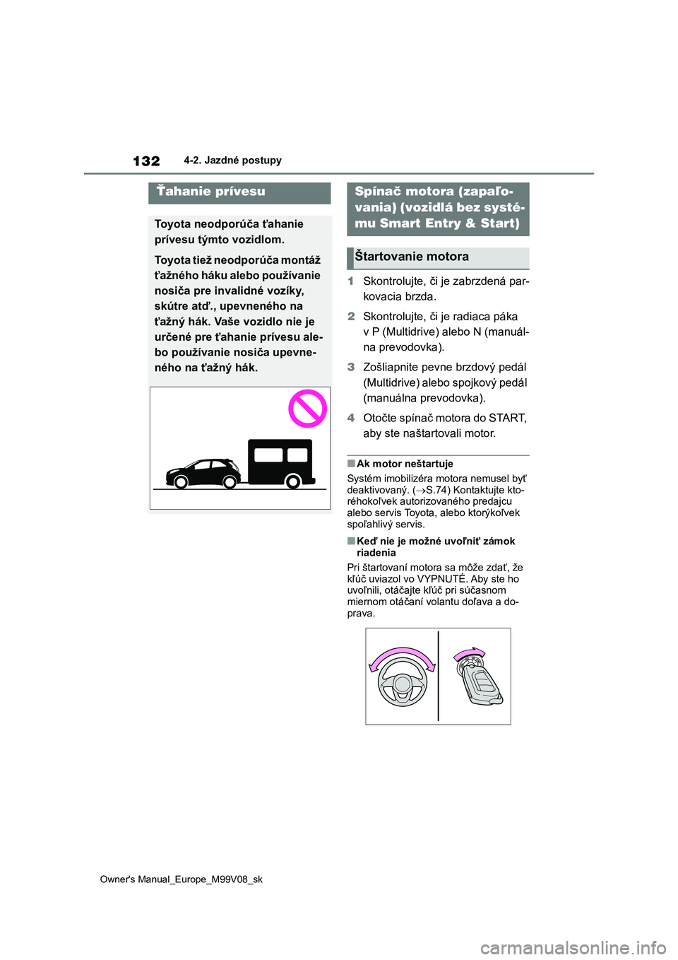 TOYOTA AYGO X 2022  Návod na použitie (in Slovakian) 132
Owner's Manual_Europe_M99V08_sk
4-2. Jazdné postupy
4-2.Jazdné postupy
1Skontrolujte, či je zabrzdená par- 
kovacia brzda. 
2 Skontrolujte, či je radiaca páka  
v P (Multidrive) alebo N 