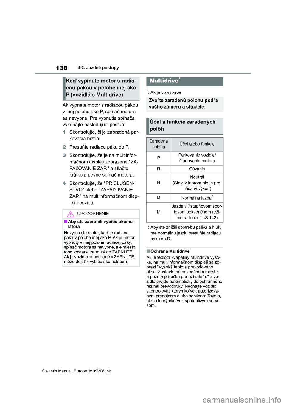 TOYOTA AYGO X 2022  Návod na použitie (in Slovakian) 138
Owner's Manual_Europe_M99V08_sk
4-2. Jazdné postupy
Ak vypnete motor s radiacou pákou  
v inej polohe ako  P, spínač motora  
sa nevypne. Pre  vypnutie spínača  
vykonajte nasledujúci p