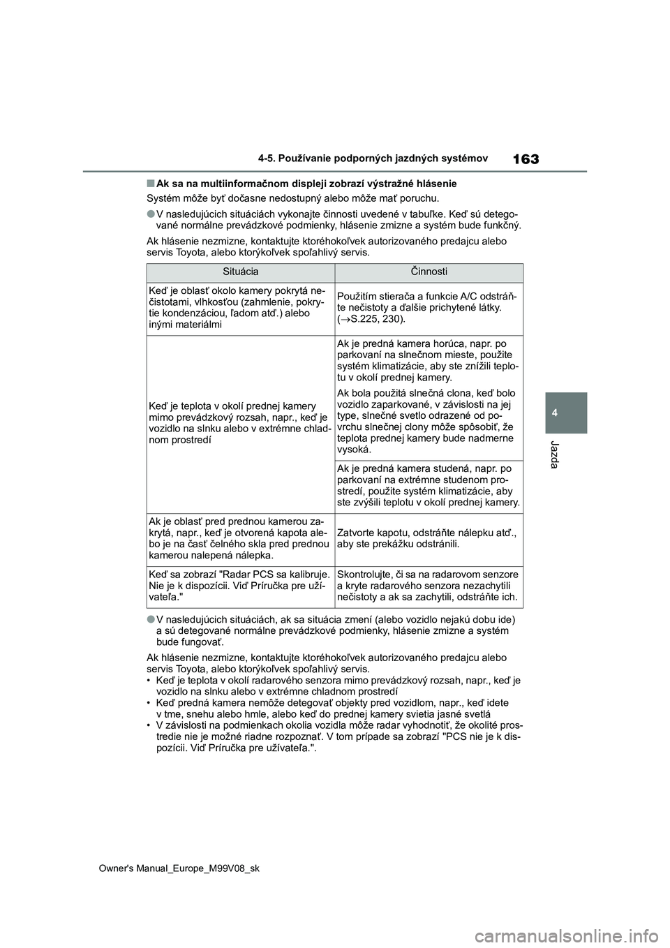 TOYOTA AYGO X 2022  Návod na použitie (in Slovakian) 163
4
Owner's Manual_Europe_M99V08_sk
4-5. Používanie podporných jazdných systémov
Jazda
■Ak sa na multiinformačnom displeji zobrazí výstražné hlásenie
Systém môže byť dočasne ne