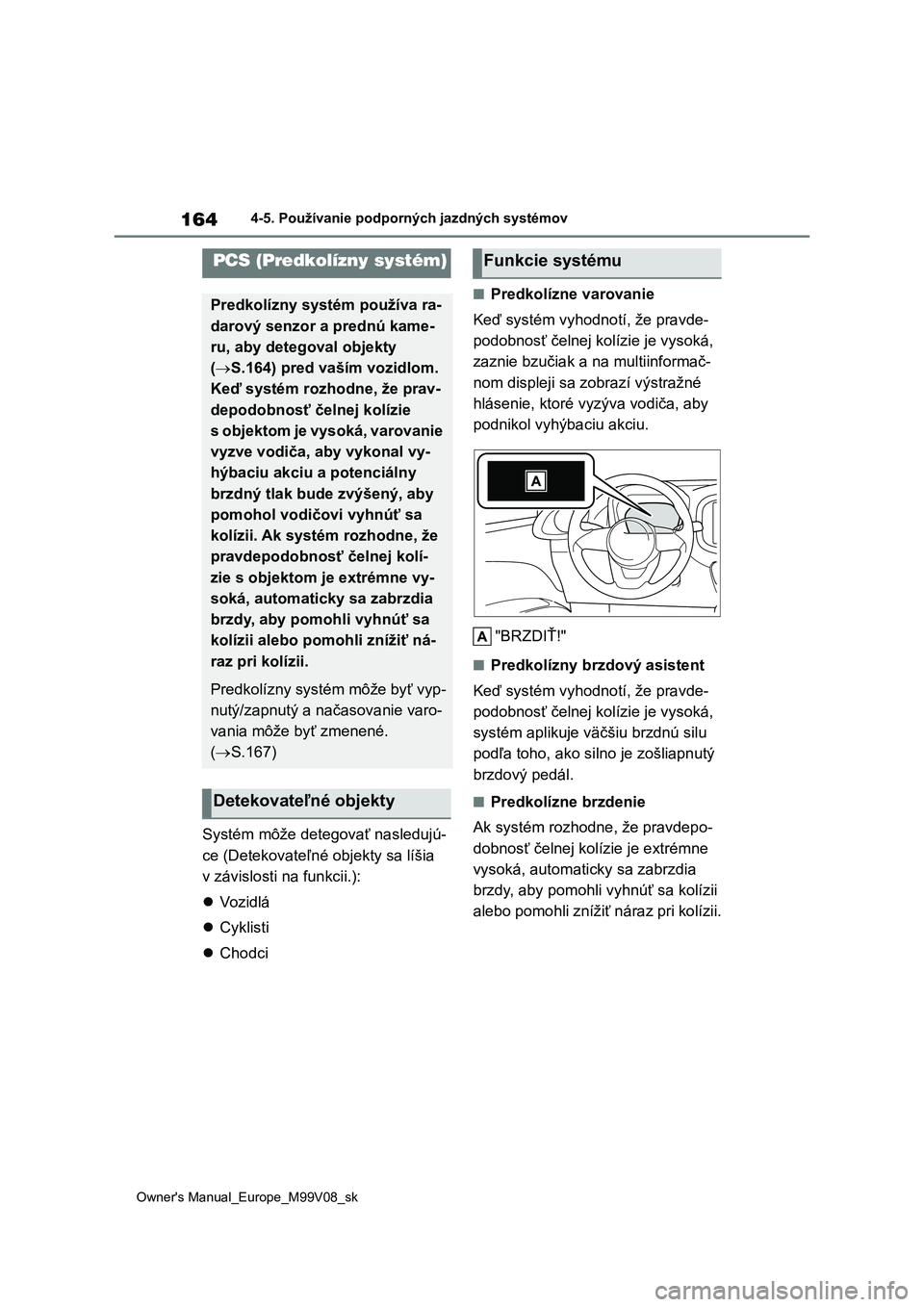 TOYOTA AYGO X 2022  Návod na použitie (in Slovakian) 164
Owner's Manual_Europe_M99V08_sk
4-5. Používanie podporných jazdných systémov
Systém môže detegovať nasledujú- 
ce (Detekovateľné  objekty sa líšia  
v závislosti na funkcii.): 
