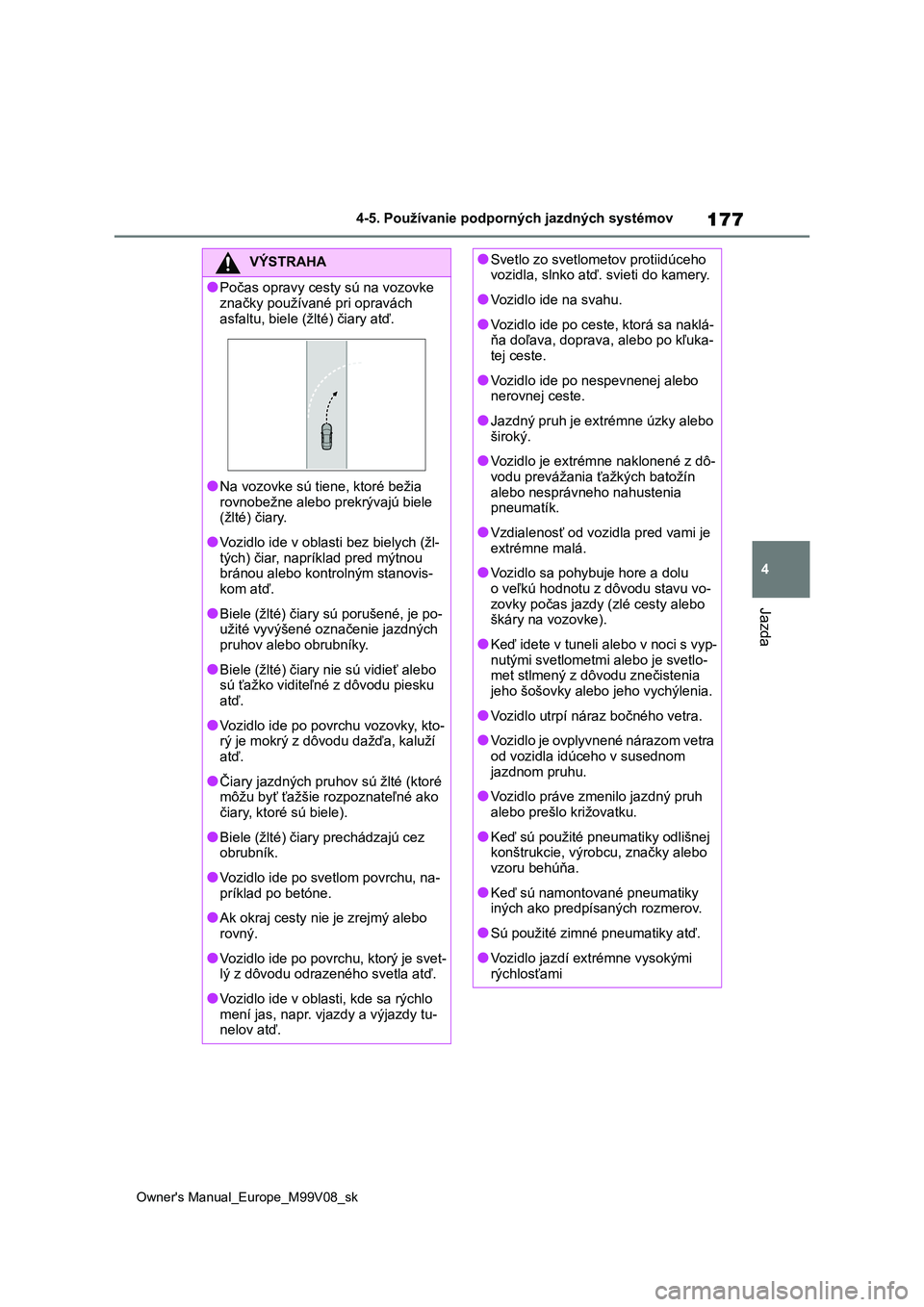 TOYOTA AYGO X 2022  Návod na použitie (in Slovakian) 177
4
Owner's Manual_Europe_M99V08_sk
4-5. Používanie podporných jazdných systémov
Jazda
VÝSTRAHA
●Počas opravy cesty sú na vozovke  
značky používané pri opravách 
asfaltu, biele (