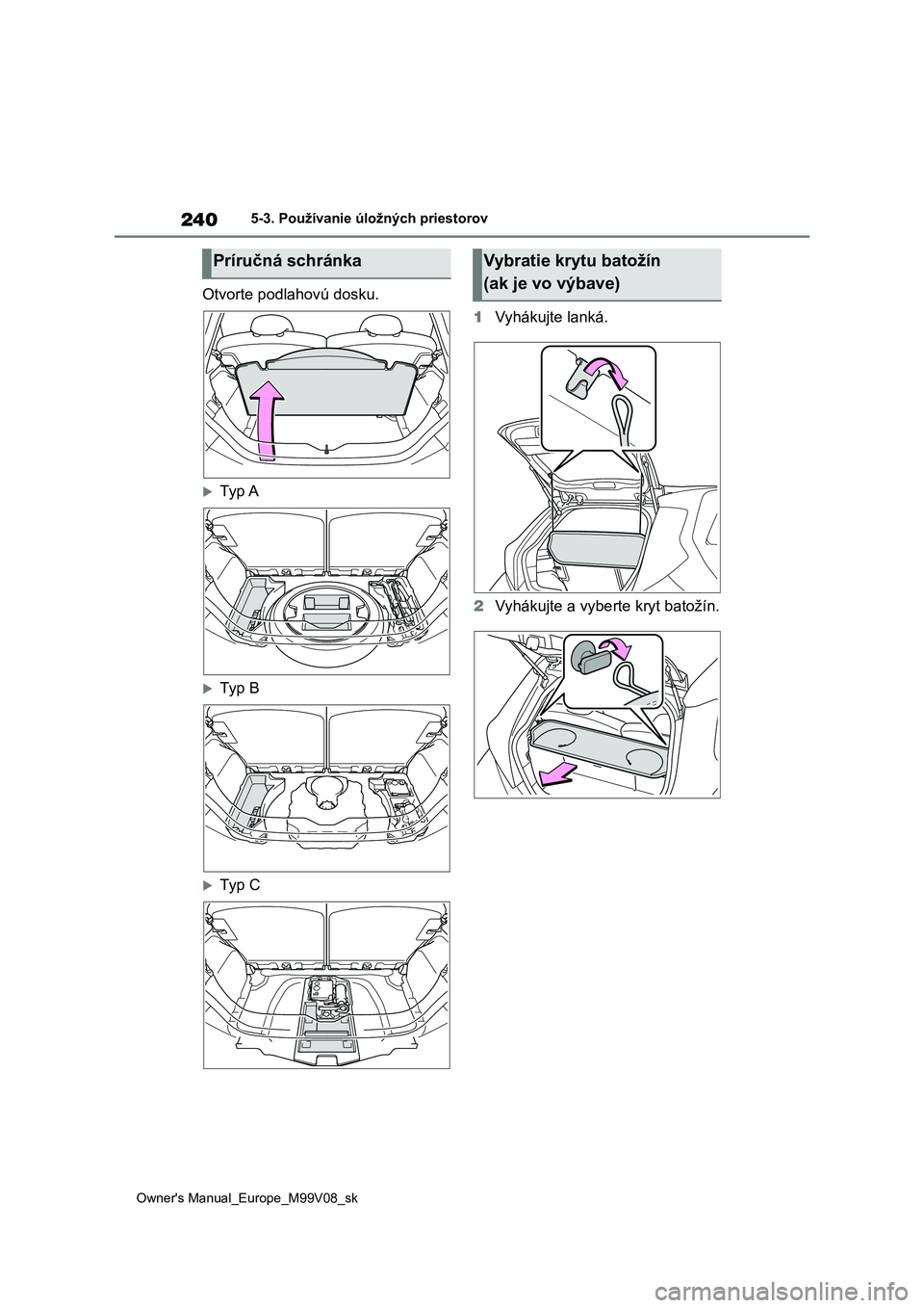 TOYOTA AYGO X 2022 Návod na použitie (in Slovakian) 240
Owner's Manual_Europe_M99V08_sk
5-3. Používanie úložných priestorov
Otvorte podlahovú dosku.
Ty p A
Ty p B
Ty p C
1 Vyhákujte lanká.
2 Vyhákujte a vyberte kryt batožín TOYOTA AYGO X 2022 Návod na použitie (in Slovakian) 240
Owner's Manual_Europe_M99V08_sk
5-3. Používanie úložných priestorov
Otvorte podlahovú dosku.
Ty p A
Ty p B
Ty p C
1 Vyhákujte lanká.
2 Vyhákujte a vyberte kryt batožín