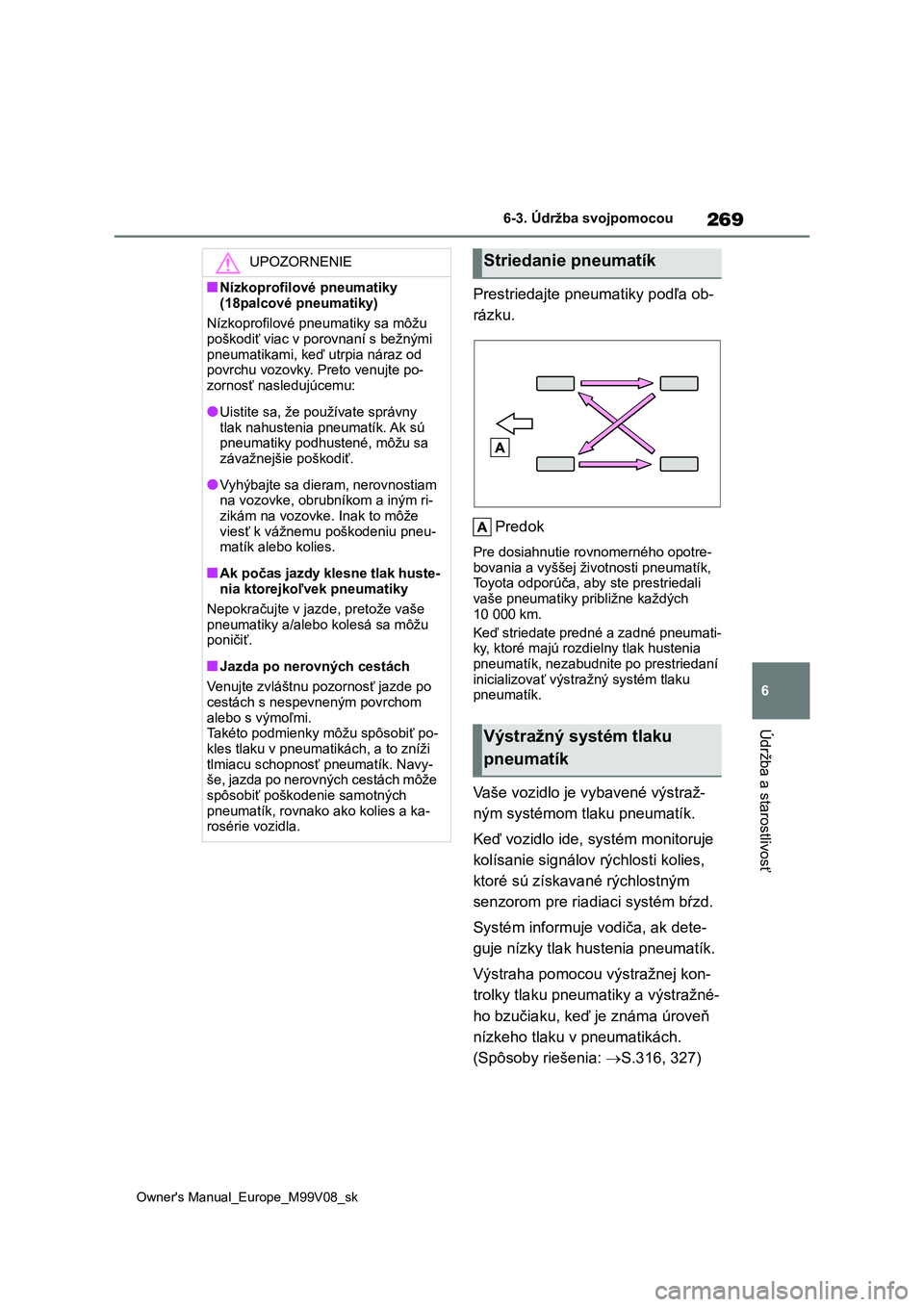 TOYOTA AYGO X 2022  Návod na použitie (in Slovakian) 269
6
Owner's Manual_Europe_M99V08_sk
6-3. Údržba svojpomocou
Údržba a starostlivosť
Prestriedajte pneumatiky podľa ob- 
rázku. 
Predok
Pre dosiahnutie ro vnomerného opotre- 
bovania a vy�