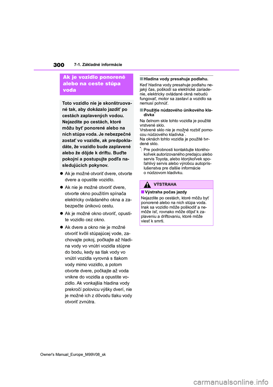 TOYOTA AYGO X 2022  Návod na použitie (in Slovakian) 300
Owner's Manual_Europe_M99V08_sk
7-1. Základné informácie
Ak je možné otvoriť dvere, otvorte  
dvere a opustite vozidlo. 
 Ak nie je možné otvoriť dvere,  
otvorte okno  použit