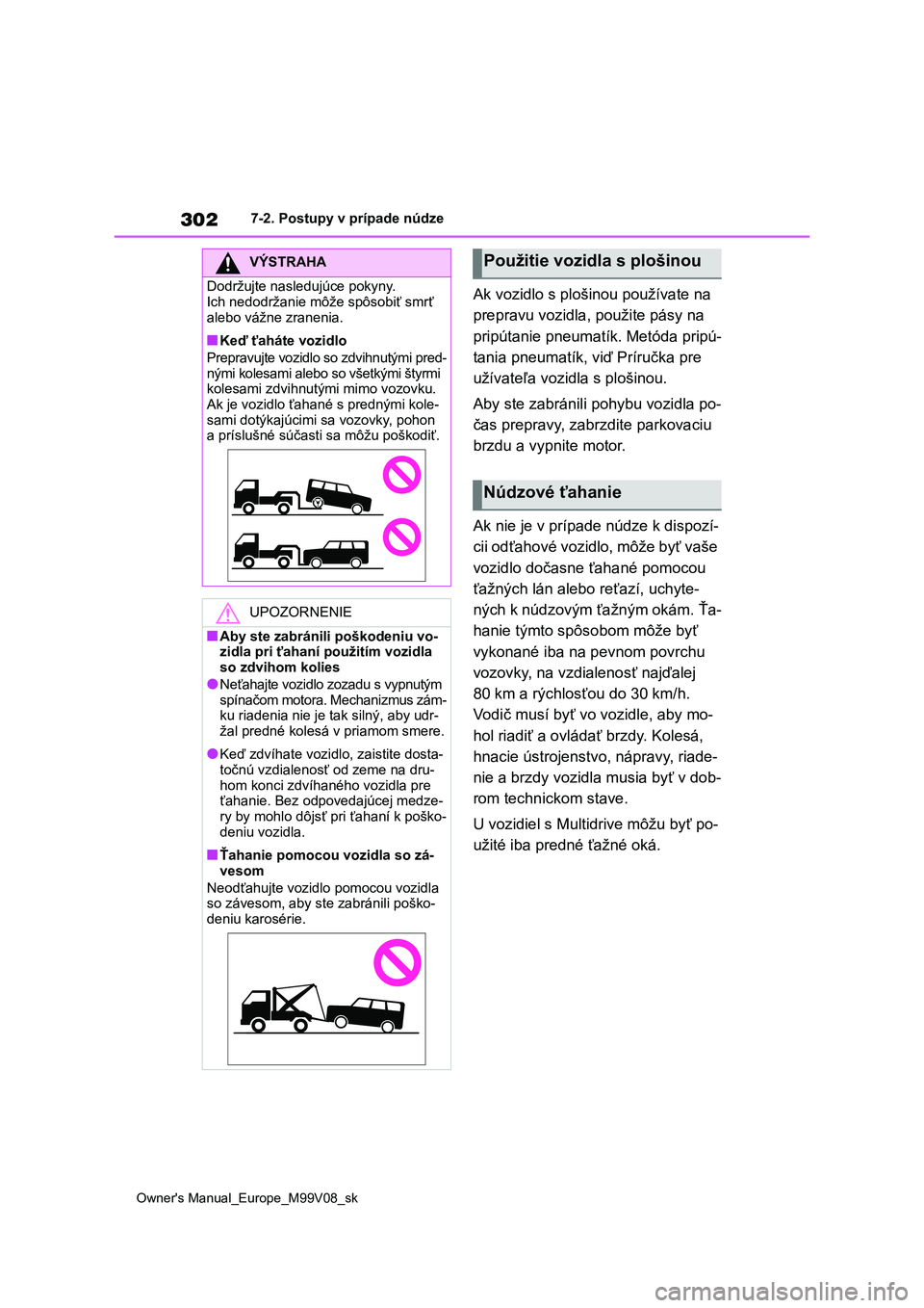 TOYOTA AYGO X 2022  Návod na použitie (in Slovakian) 302
Owner's Manual_Europe_M99V08_sk
7-2. Postupy v prípade núdze
Ak vozidlo s plošinou používate na  
prepravu vozidla, použite pásy na 
pripútanie pneumatík. Metóda pripú-
tania pneuma