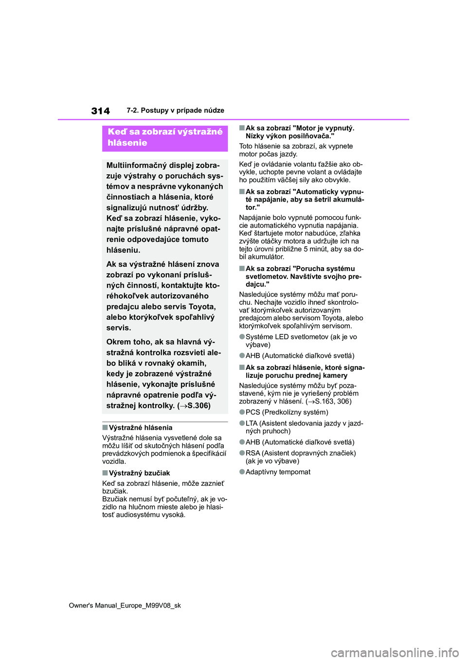TOYOTA AYGO X 2022 Návod na použitie (in Slovakian) 314
Owner's Manual_Europe_M99V08_sk
7-2. Postupy v prípade núdze
■Výstražné hlásenia
Výstražné hlásenia vysvetlené dole sa
môžu líšiť od skutočných hlásení podľa
prevádzk TOYOTA AYGO X 2022 Návod na použitie (in Slovakian) 314
Owner's Manual_Europe_M99V08_sk
7-2. Postupy v prípade núdze
■Výstražné hlásenia
Výstražné hlásenia vysvetlené dole sa
môžu líšiť od skutočných hlásení podľa
prevádzk