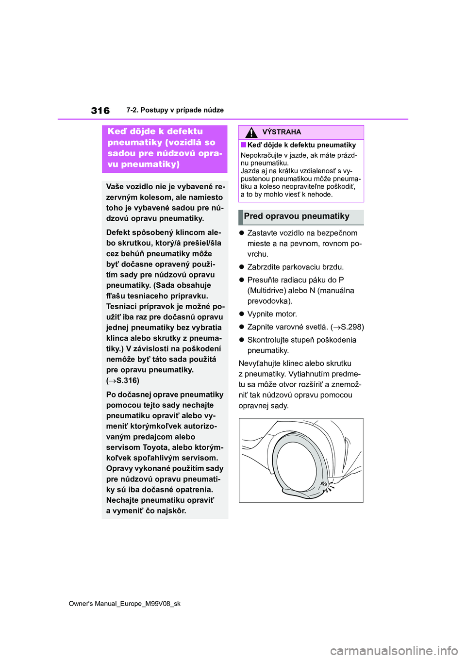 TOYOTA AYGO X 2022 Návod na použitie (in Slovakian) 316
Owner's Manual_Europe_M99V08_sk
7-2. Postupy v prípade núdze
Zastavte vozidlo na bezpečnom
mieste a na pevnom, rovnom po-
vrchu.
Zabrzdite parkovaciu brzdu.
Presuňte radiacu TOYOTA AYGO X 2022 Návod na použitie (in Slovakian) 316
Owner's Manual_Europe_M99V08_sk
7-2. Postupy v prípade núdze
Zastavte vozidlo na bezpečnom
mieste a na pevnom, rovnom po-
vrchu.
Zabrzdite parkovaciu brzdu.
Presuňte radiacu