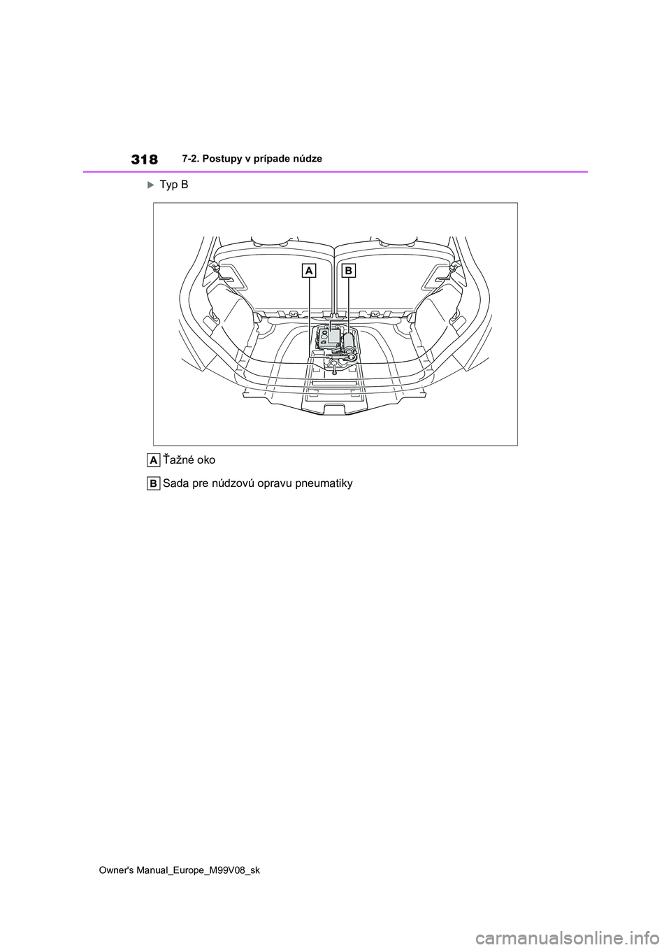 TOYOTA AYGO X 2022 Návod na použitie (in Slovakian) 318
Owner's Manual_Europe_M99V08_sk
7-2. Postupy v prípade núdze
Ty p B
Ťažné oko
Sada pre núdzovú op ravu pneumatiky TOYOTA AYGO X 2022 Návod na použitie (in Slovakian) 318
Owner's Manual_Europe_M99V08_sk
7-2. Postupy v prípade núdze
Ty p B
Ťažné oko
Sada pre núdzovú op ravu pneumatiky