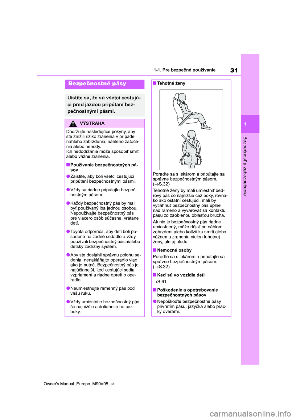 TOYOTA AYGO X 2022 Návod na použitie (in Slovakian) 31
1
Owner's Manual_Europe_M99V08_sk
1-1. Pre bezpečné používanie
Bezpečnosť a zabezpečenie
Bezpečnostné pásy
Uistite sa, že sú všetci cestujú-
ci pred jazdou pripútaní bez-
pečn TOYOTA AYGO X 2022 Návod na použitie (in Slovakian) 31
1
Owner's Manual_Europe_M99V08_sk
1-1. Pre bezpečné používanie
Bezpečnosť a zabezpečenie
Bezpečnostné pásy
Uistite sa, že sú všetci cestujú-
ci pred jazdou pripútaní bez-
pečn