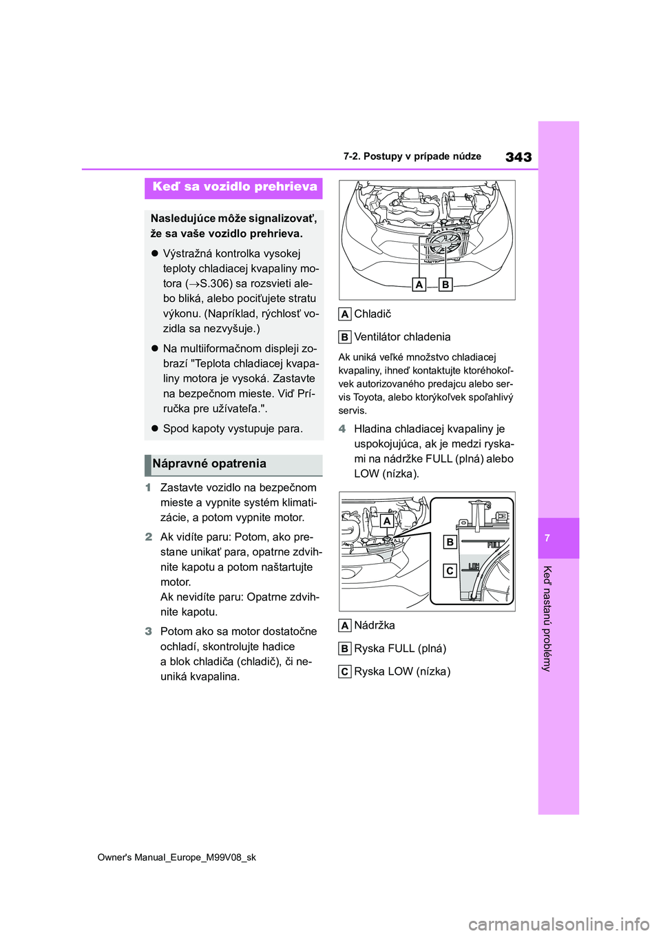 TOYOTA AYGO X 2022  Návod na použitie (in Slovakian) 343
7
Owner's Manual_Europe_M99V08_sk
7-2. Postupy v prípade núdze
Keď nastanú problémy
1Zastavte vozidlo na bezpečnom  
mieste a vypnite systém klimati-
zácie, a potom vypnite motor. 
2 A