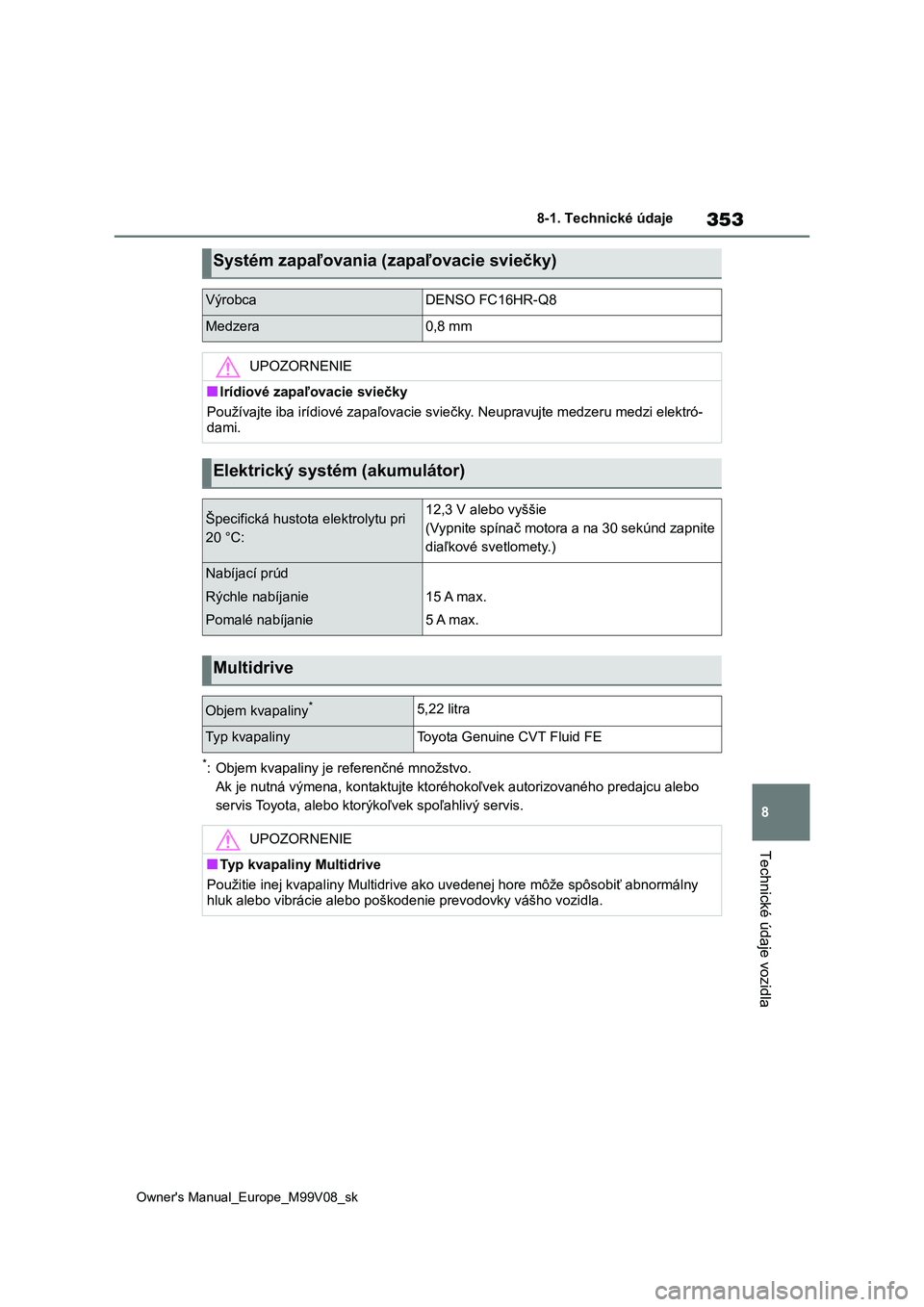 TOYOTA AYGO X 2022  Návod na použitie (in Slovakian) 353
8
Owner's Manual_Europe_M99V08_sk
8-1. Technické údaje
Technické údaje vozidla
*: Objem kvapaliny je referenčné množstvo. 
Ak je nutná výmena, k ontaktujte ktoréhokoľvek autorizovan