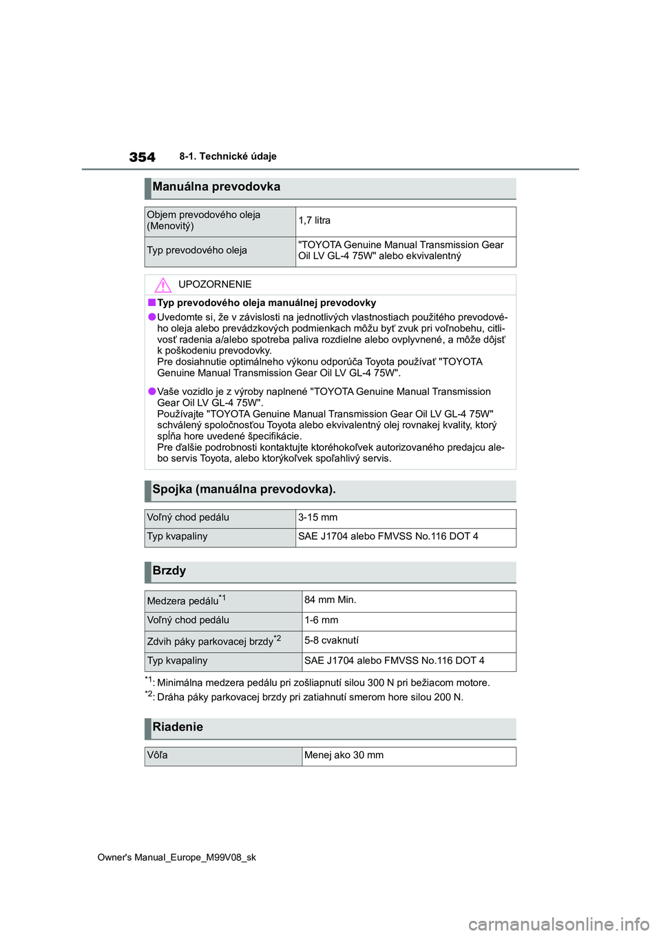 TOYOTA AYGO X 2022  Návod na použitie (in Slovakian) 354
Owner's Manual_Europe_M99V08_sk
8-1. Technické údaje
*1: Minimálna medzera pedálu pri zošliapnutí silou 300 N pri bežiacom motore.*2: Dráha páky parkovacej brzdy pri zatiahnutí smero