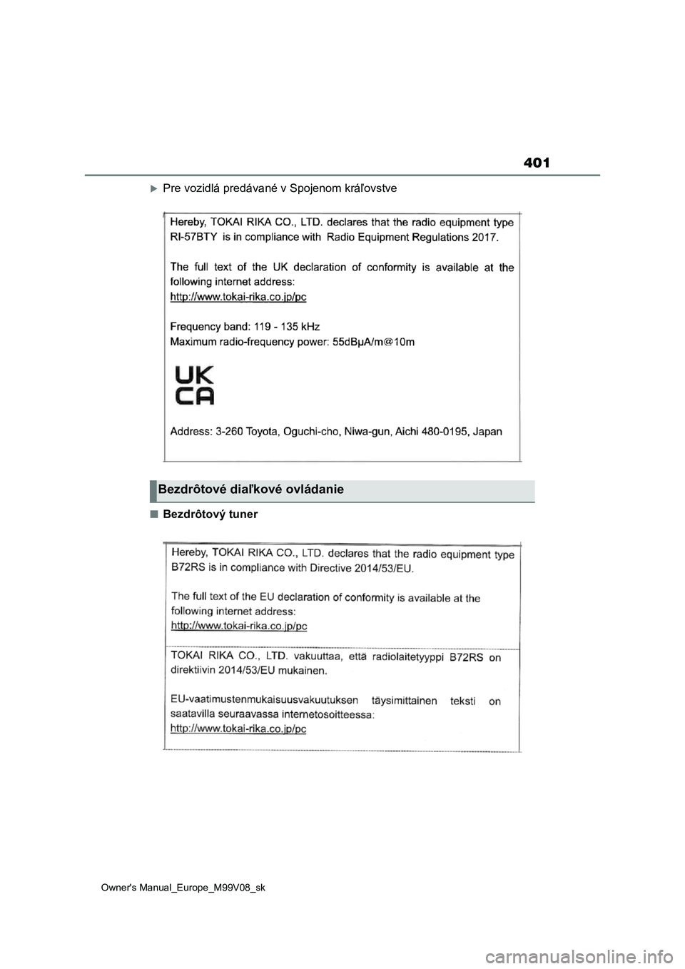 TOYOTA AYGO X 2022  Návod na použitie (in Slovakian) 401
Owner's Manual_Europe_M99V08_sk
Pre vozidlá predávané v Spojenom kráľovstve
■Bezdrôtový tuner
Bezdrôtové diaľkové ovládanie 