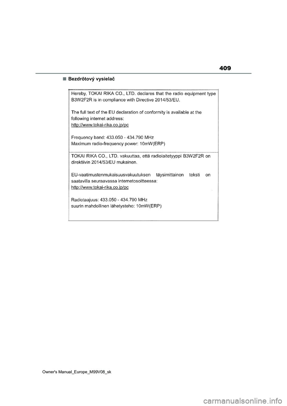 TOYOTA AYGO X 2022 Návod na použitie (in Slovakian) 409
Owner's Manual_Europe_M99V08_sk
■Bezdrôtový vysielač TOYOTA AYGO X 2022 Návod na použitie (in Slovakian) 409
Owner's Manual_Europe_M99V08_sk
■Bezdrôtový vysielač