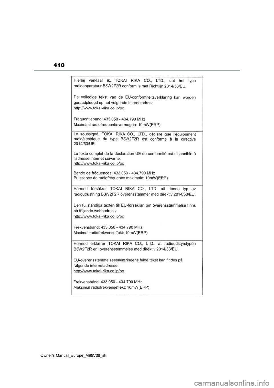TOYOTA AYGO X 2022 Návod na použitie (in Slovakian) 410
Owner's Manual_Europe_M99V08_sk TOYOTA AYGO X 2022 Návod na použitie (in Slovakian) 410
Owner's Manual_Europe_M99V08_sk