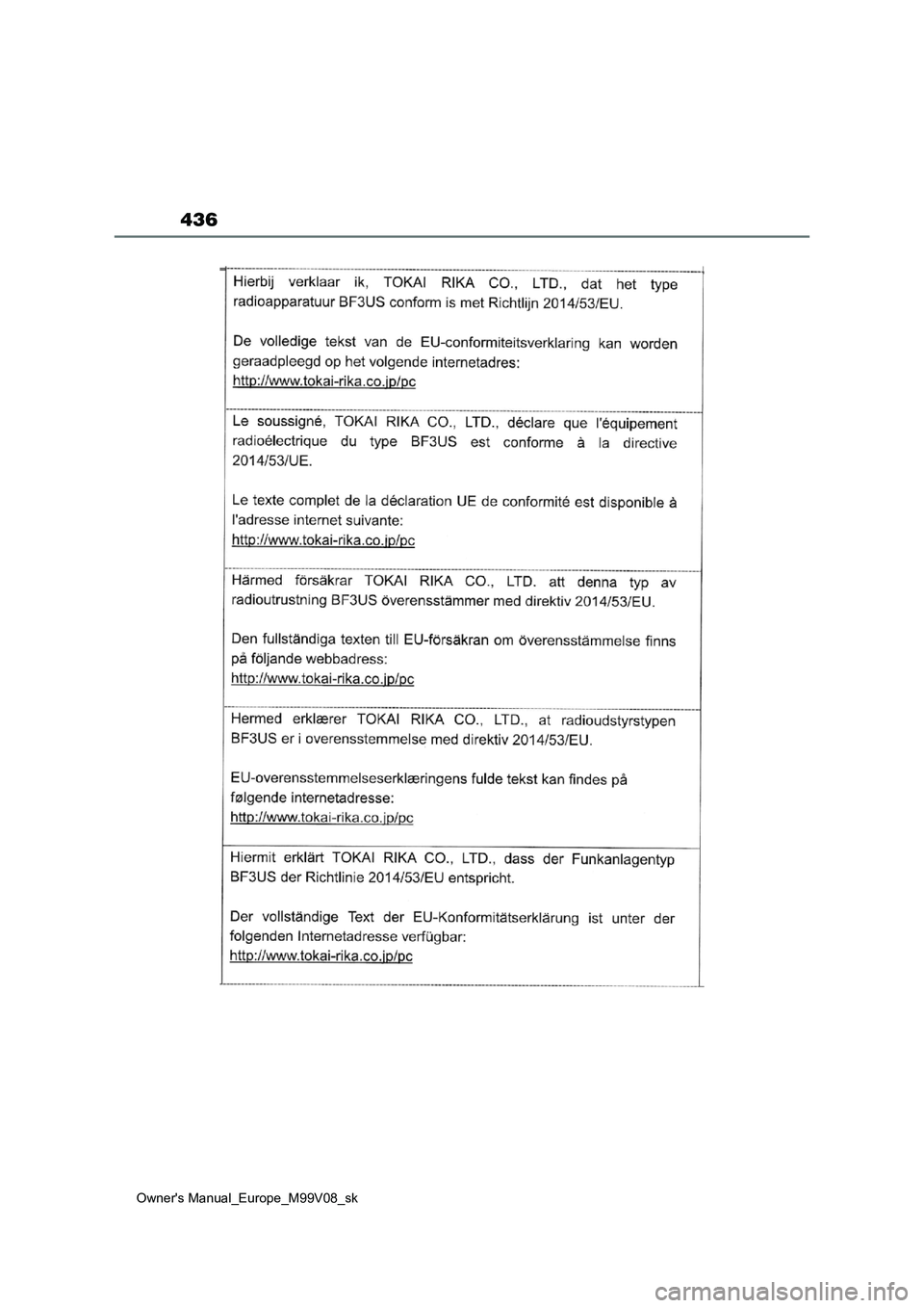 TOYOTA AYGO X 2022 Návod na použitie (in Slovakian) 436
Owner's Manual_Europe_M99V08_sk TOYOTA AYGO X 2022 Návod na použitie (in Slovakian) 436
Owner's Manual_Europe_M99V08_sk