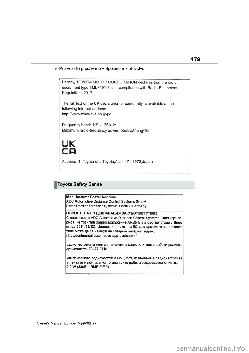 TOYOTA AYGO X 2022  Návod na použitie (in Slovakian) 479
Owner's Manual_Europe_M99V08_sk
Pre vozidlá predávané v Spojenom kráľovstve
Toyota Safety Sense 