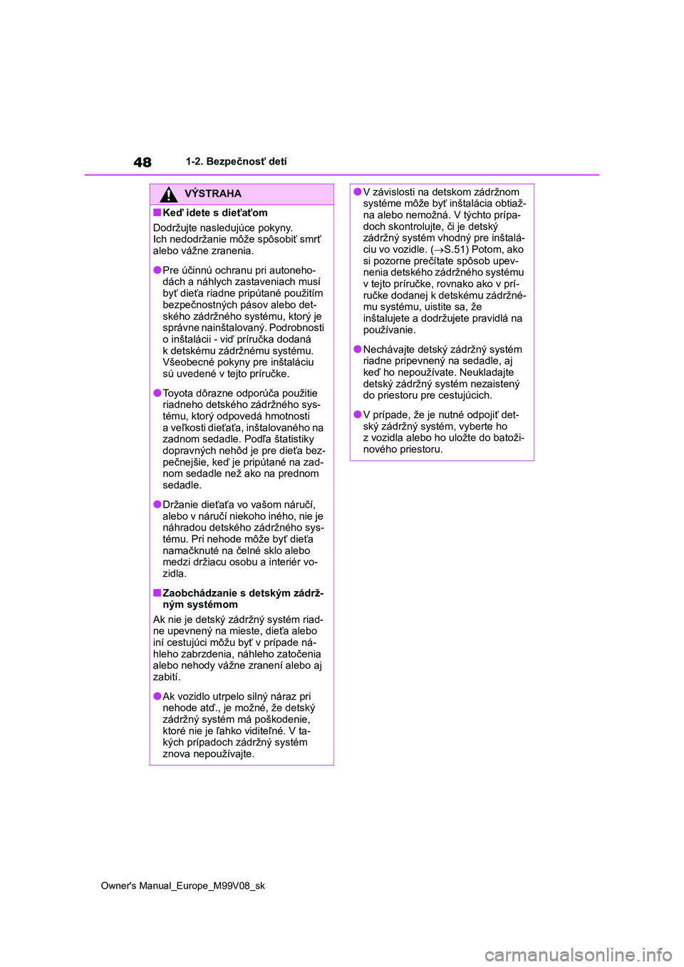 TOYOTA AYGO X 2022 Návod na použitie (in Slovakian) 48
Owner's Manual_Europe_M99V08_sk
1-2. Bezpečnosť detí
VÝSTRAHA
■Keď idete s dieťaťom
Dodržujte nasledujúce pokyny.
Ich nedodržanie môže spôsobiť smrť alebo vážne zranenia.
TOYOTA AYGO X 2022 Návod na použitie (in Slovakian) 48
Owner's Manual_Europe_M99V08_sk
1-2. Bezpečnosť detí
VÝSTRAHA
■Keď idete s dieťaťom
Dodržujte nasledujúce pokyny.
Ich nedodržanie môže spôsobiť smrť alebo vážne zranenia.