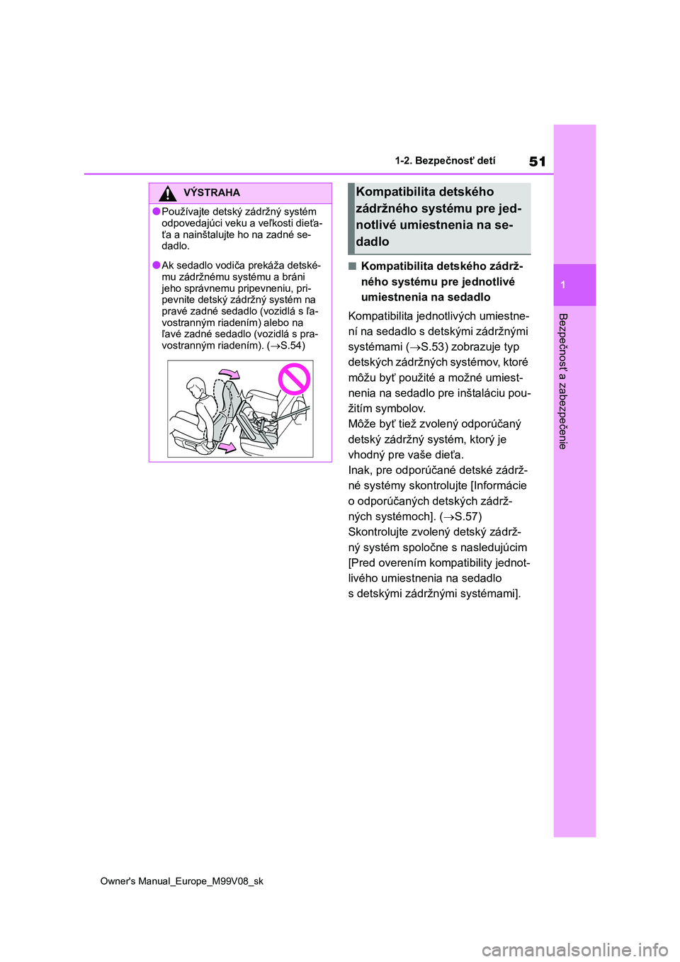 TOYOTA AYGO X 2022 Návod na použitie (in Slovakian) 51
1
Owner's Manual_Europe_M99V08_sk
1-2. Bezpečnosť detí
Bezpečnosť a zabezpečenie
■Kompatibilita detského zádrž-
ného systému pre jednotlivé
umiestnenia na sedadlo
Kompatibilita TOYOTA AYGO X 2022 Návod na použitie (in Slovakian) 51
1
Owner's Manual_Europe_M99V08_sk
1-2. Bezpečnosť detí
Bezpečnosť a zabezpečenie
■Kompatibilita detského zádrž-
ného systému pre jednotlivé
umiestnenia na sedadlo
Kompatibilita