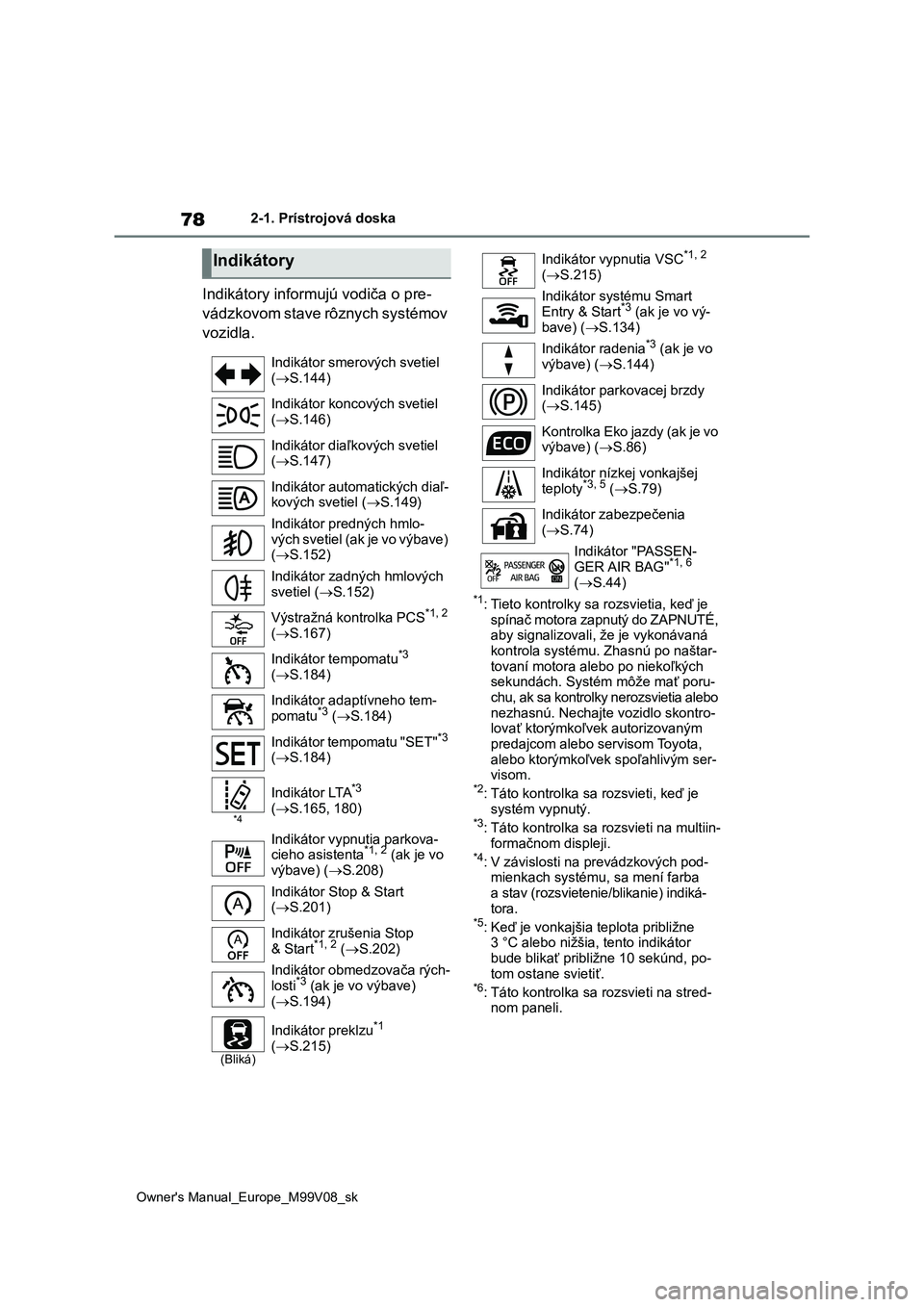 TOYOTA AYGO X 2022 Návod na použitie (in Slovakian) 78
Owner's Manual_Europe_M99V08_sk
2-1. Prístrojová doska
Indikátory informujú vodiča o pre-
vádzkovom stave rôznych systémov
vozidla.
*1: Tieto kontrolky sa rozsvietia, keď je spín TOYOTA AYGO X 2022 Návod na použitie (in Slovakian) 78
Owner's Manual_Europe_M99V08_sk
2-1. Prístrojová doska
Indikátory informujú vodiča o pre-
vádzkovom stave rôznych systémov
vozidla.
*1: Tieto kontrolky sa rozsvietia, keď je spín