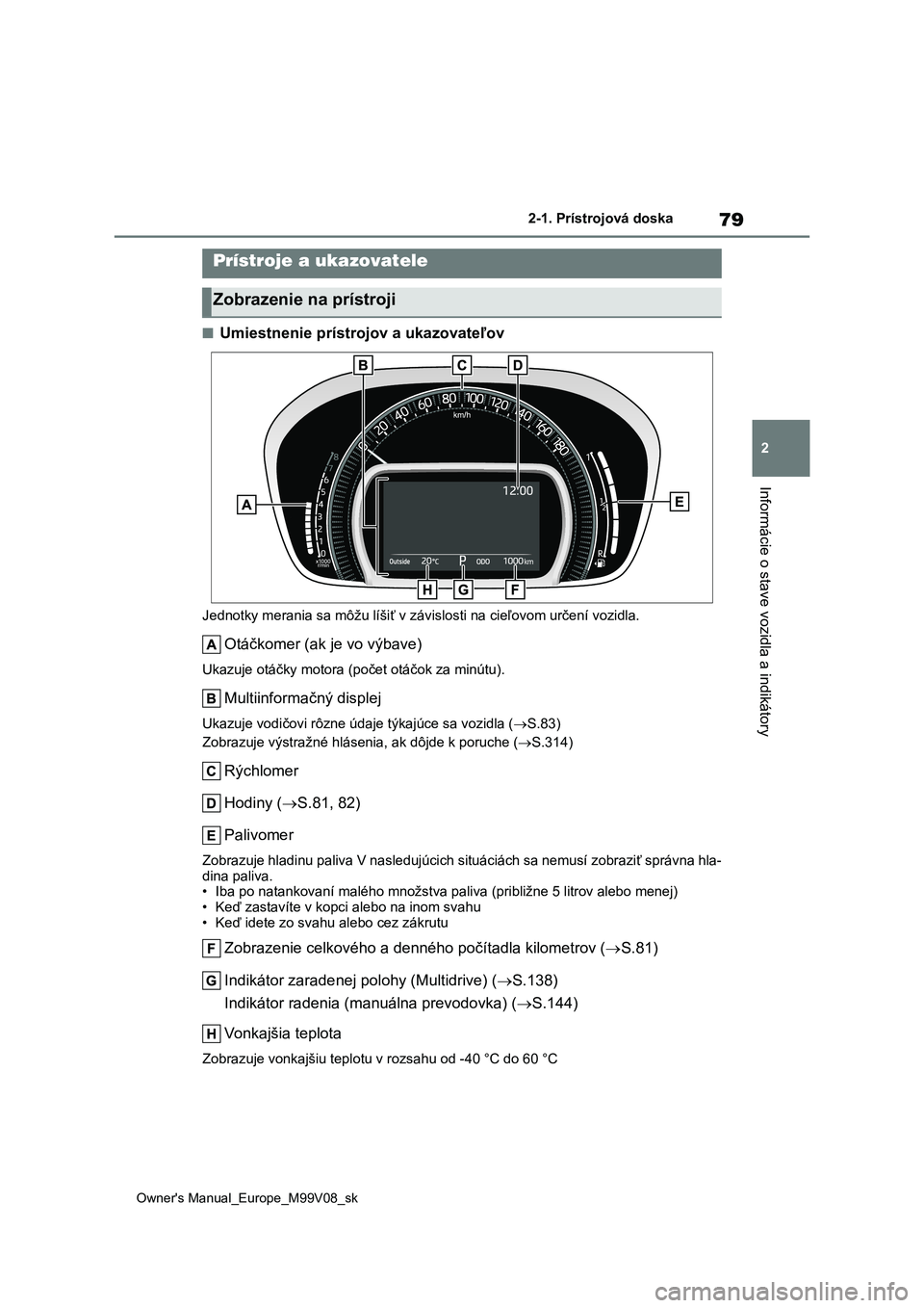 TOYOTA AYGO X 2022 Návod na použitie (in Slovakian) 79
2
Owner's Manual_Europe_M99V08_sk
2-1. Prístrojová doska
Informácie o stave vozidla a indikátory
■Umiestnenie prístrojov a ukazovateľov
Jednotky merania sa môžu líšiť v závislosti TOYOTA AYGO X 2022 Návod na použitie (in Slovakian) 79
2
Owner's Manual_Europe_M99V08_sk
2-1. Prístrojová doska
Informácie o stave vozidla a indikátory
■Umiestnenie prístrojov a ukazovateľov
Jednotky merania sa môžu líšiť v závislosti