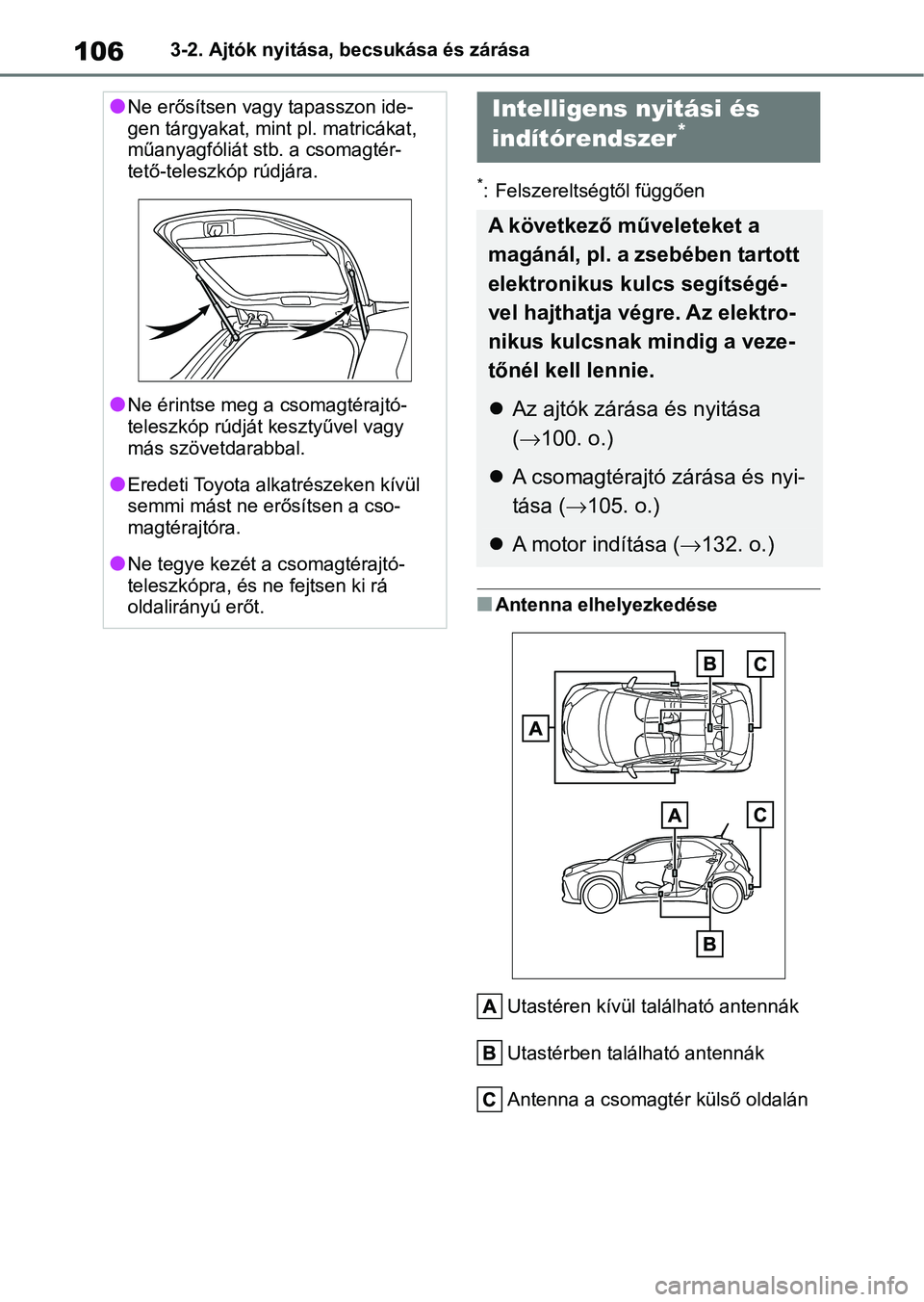 TOYOTA AYGO X 2022 Kezelési útmutató (in Hungarian) 1063-2. Ajtók nyitása, becsukása és zárása
*: Felszereltségtől függően
nAntenna elhelyezkedéseUtastéren kívül található antennák
Utastérben található antennák
Antenna a csomagtér TOYOTA AYGO X 2022 Kezelési útmutató (in Hungarian) 1063-2. Ajtók nyitása, becsukása és zárása
*: Felszereltségtől függően
nAntenna elhelyezkedéseUtastéren kívül található antennák
Utastérben található antennák
Antenna a csomagtér