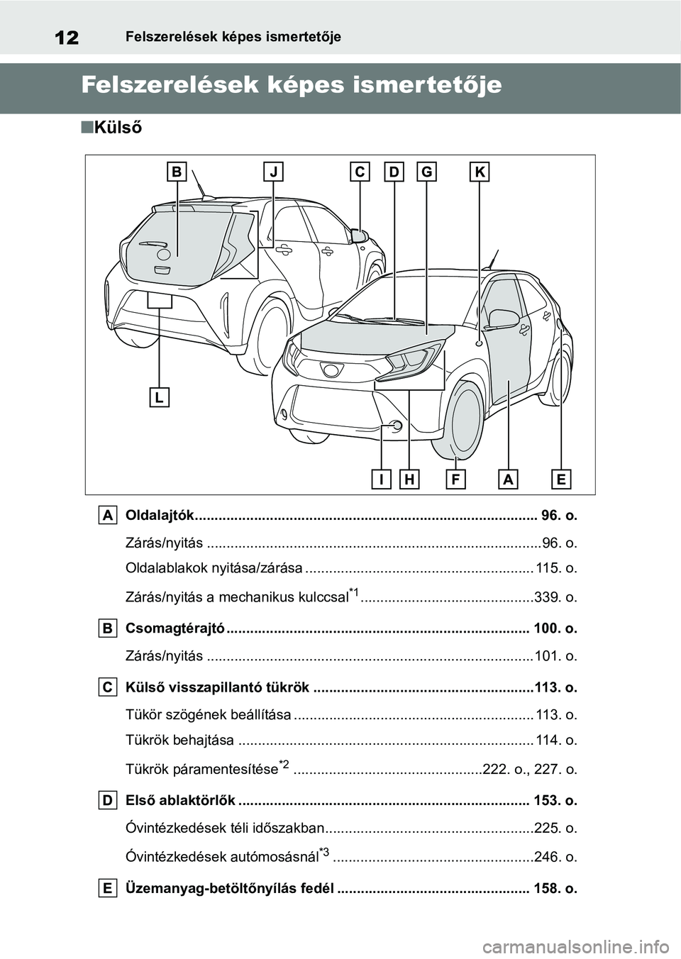 TOYOTA AYGO X 2022 Kezelési útmutató (in Hungarian) 12Felszerelések képes ismertetője
Felszerelések képes ismertetője
n Külső
Oldalajtók..................................................... .................................. 96. o.
Zárás/nyi TOYOTA AYGO X 2022 Kezelési útmutató (in Hungarian) 12Felszerelések képes ismertetője
Felszerelések képes ismertetője
n Külső
Oldalajtók..................................................... .................................. 96. o.
Zárás/nyi