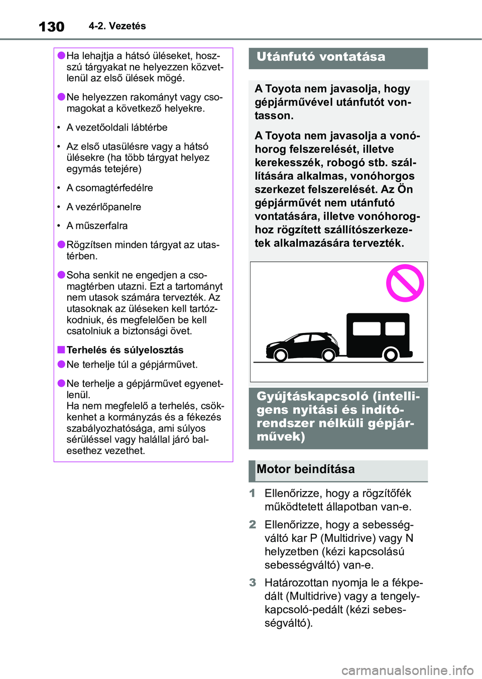 TOYOTA AYGO X 2022 Kezelési útmutató (in Hungarian) 1304-2. Vezetés
4-2.Vezetés
1Ellenőrizze, hogy a rögzítőfék
működtetett állapotban van-e.
2 Ellenőrizze, hogy a sebesség-
váltó kar P (Multidrive) vagy N
helyzetben (kézi kapcsolású TOYOTA AYGO X 2022 Kezelési útmutató (in Hungarian) 1304-2. Vezetés
4-2.Vezetés
1Ellenőrizze, hogy a rögzítőfék
működtetett állapotban van-e.
2 Ellenőrizze, hogy a sebesség-
váltó kar P (Multidrive) vagy N
helyzetben (kézi kapcsolású