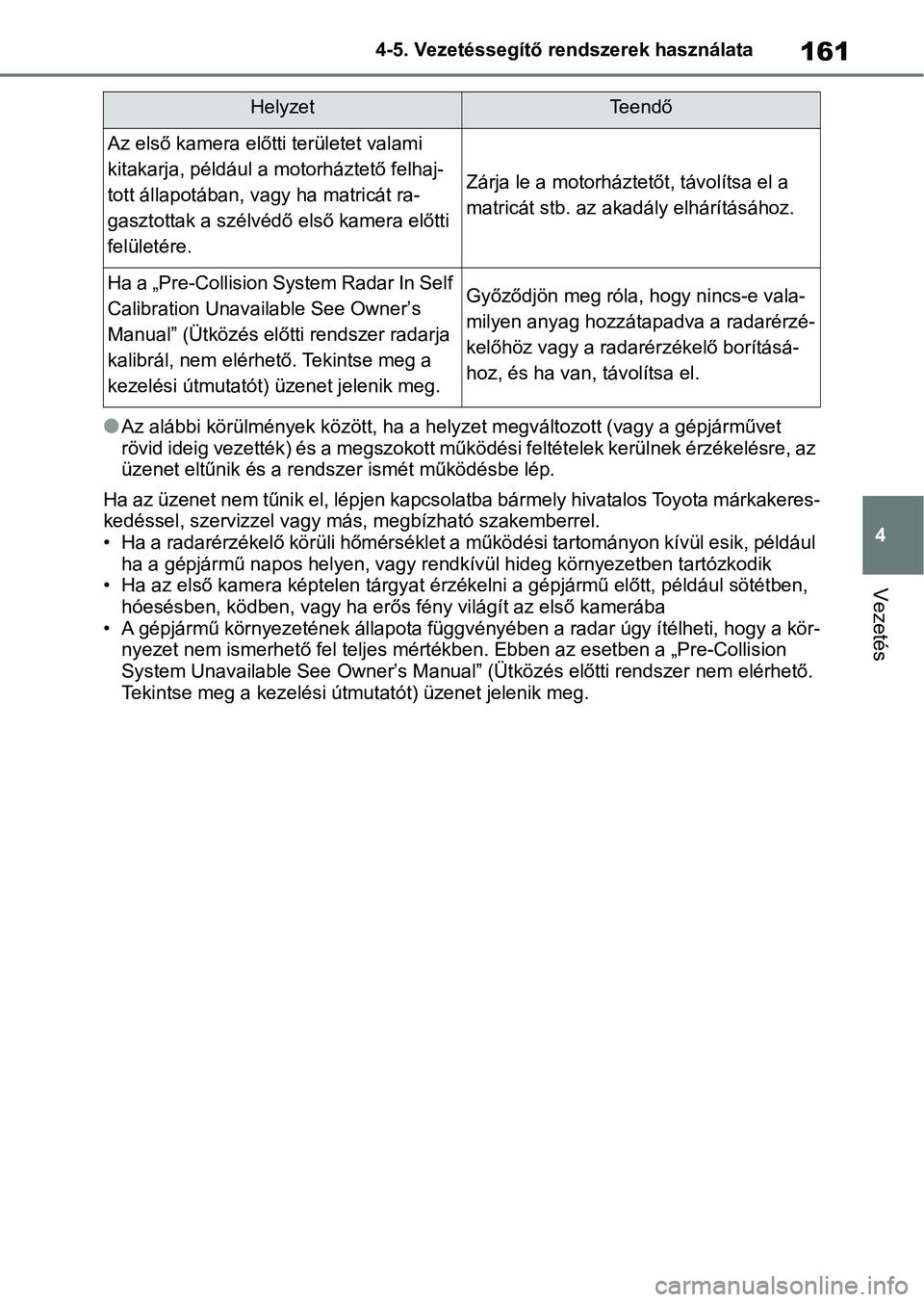 TOYOTA AYGO X 2022 Kezelési útmutató (in Hungarian) 161
4
4-5. Vezetéssegítő re
ndszerek használata
Vezetés
lAz alábbi körülmények között, ha a helyzet megváltozott (vagy a gépjárművet
rövid ideig vezették) és a megszokott működés TOYOTA AYGO X 2022 Kezelési útmutató (in Hungarian) 161
4
4-5. Vezetéssegítő re
ndszerek használata
Vezetés
lAz alábbi körülmények között, ha a helyzet megváltozott (vagy a gépjárművet
rövid ideig vezették) és a megszokott működés