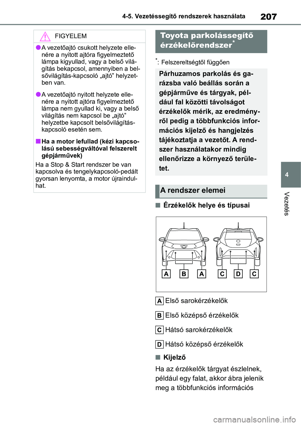 TOYOTA AYGO X 2022 Kezelési útmutató (in Hungarian) 207
4
4-5. Vezetéssegítő re
ndszerek használata
Vezetés
*: Felszereltségtől függően
nÉrzékelők helye és típusai
Első sarokérzékelők
Első középső érzékelők
Hátsó sarokérzék TOYOTA AYGO X 2022 Kezelési útmutató (in Hungarian) 207
4
4-5. Vezetéssegítő re
ndszerek használata
Vezetés
*: Felszereltségtől függően
nÉrzékelők helye és típusai
Első sarokérzékelők
Első középső érzékelők
Hátsó sarokérzék