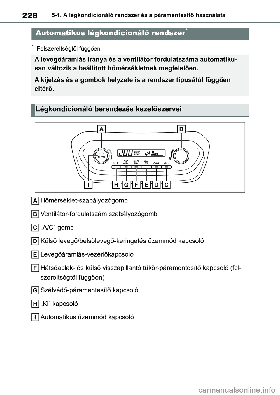 TOYOTA AYGO X 2022  Kezelési útmutató (in Hungarian) 2285-1. A légkondicionáló rendszer és a páramentesítő használata
*: Felszereltségtől függően
Hőmérséklet-szabályozógomb
Ventilátor-fordulatszám szabályozógomb
„A/C” gomb
Küls