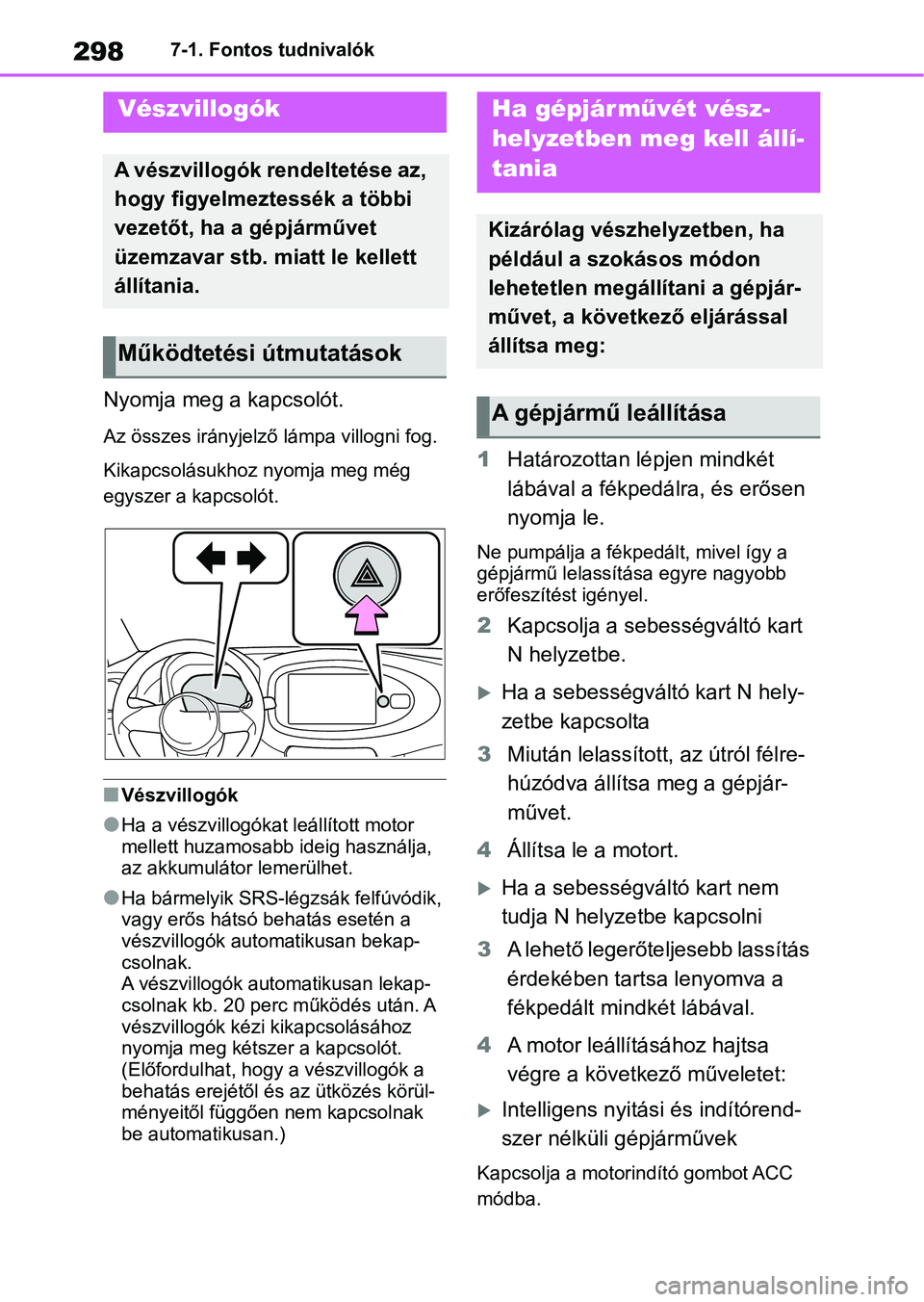 TOYOTA AYGO X 2022 Kezelési útmutató (in Hungarian) 2987-1. Fontos tudnivalók
7-1.Fontos tudnivalók
Nyomja meg a kapcsolót.
Az összes irányjelző lámpa villogni fog.
Kikapcsolásukhoz nyomja meg még
egyszer a kapcsolót.
nVészvillogók
lHa a TOYOTA AYGO X 2022 Kezelési útmutató (in Hungarian) 2987-1. Fontos tudnivalók
7-1.Fontos tudnivalók
Nyomja meg a kapcsolót.
Az összes irányjelző lámpa villogni fog.
Kikapcsolásukhoz nyomja meg még
egyszer a kapcsolót.
nVészvillogók
lHa a
