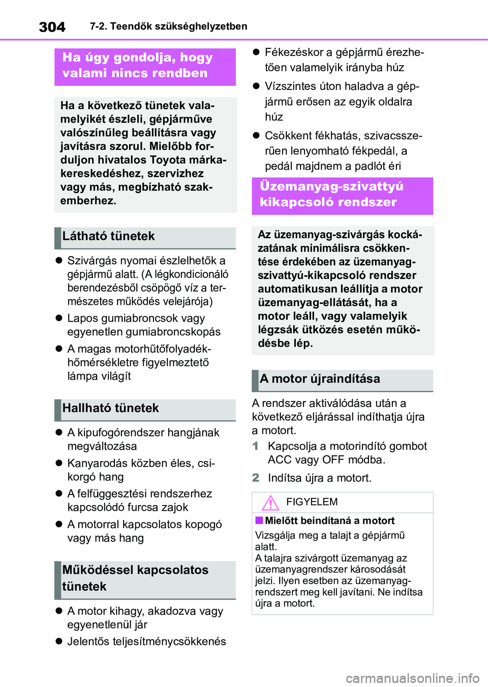 TOYOTA AYGO X 2022 Kezelési útmutató (in Hungarian) 3047-2. Teendők szükséghelyzetben
Szivárgás nyomai észlelhetők a
gépjármű alatt. (A légkondicionáló
berendezésből csöpögő víz a ter-
mészetes működés velejárója)
Lapos TOYOTA AYGO X 2022 Kezelési útmutató (in Hungarian) 3047-2. Teendők szükséghelyzetben
Szivárgás nyomai észlelhetők a
gépjármű alatt. (A légkondicionáló
berendezésből csöpögő víz a ter-
mészetes működés velejárója)
Lapos