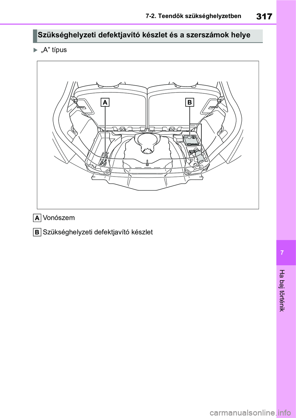 TOYOTA AYGO X 2022 Kezelési útmutató (in Hungarian) 317
7
7-2. Teendők szükséghelyzetben
Ha baj történik
„A” típus
Vonószem
Szükséghelyzeti defektjavító készlet
Szükséghelyzeti defektjavító készlet és a szerszámok helye TOYOTA AYGO X 2022 Kezelési útmutató (in Hungarian) 317
7
7-2. Teendők szükséghelyzetben
Ha baj történik
„A” típus
Vonószem
Szükséghelyzeti defektjavító készlet
Szükséghelyzeti defektjavító készlet és a szerszámok helye