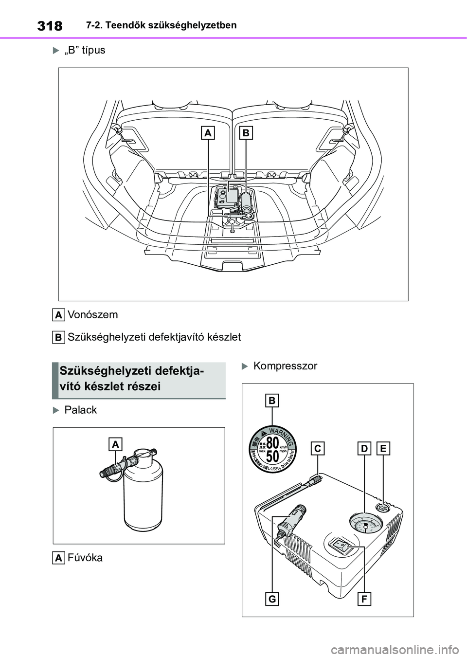 TOYOTA AYGO X 2022 Kezelési útmutató (in Hungarian) 3187-2. Teendők szükséghelyzetben
„B” típusVonószem
Szükséghelyzeti defektjavító készlet
PalackFúvóka
KompresszorSzükséghelyzeti defektja-
vító készlet részei TOYOTA AYGO X 2022 Kezelési útmutató (in Hungarian) 3187-2. Teendők szükséghelyzetben
„B” típusVonószem
Szükséghelyzeti defektjavító készlet
PalackFúvóka
KompresszorSzükséghelyzeti defektja-
vító készlet részei
