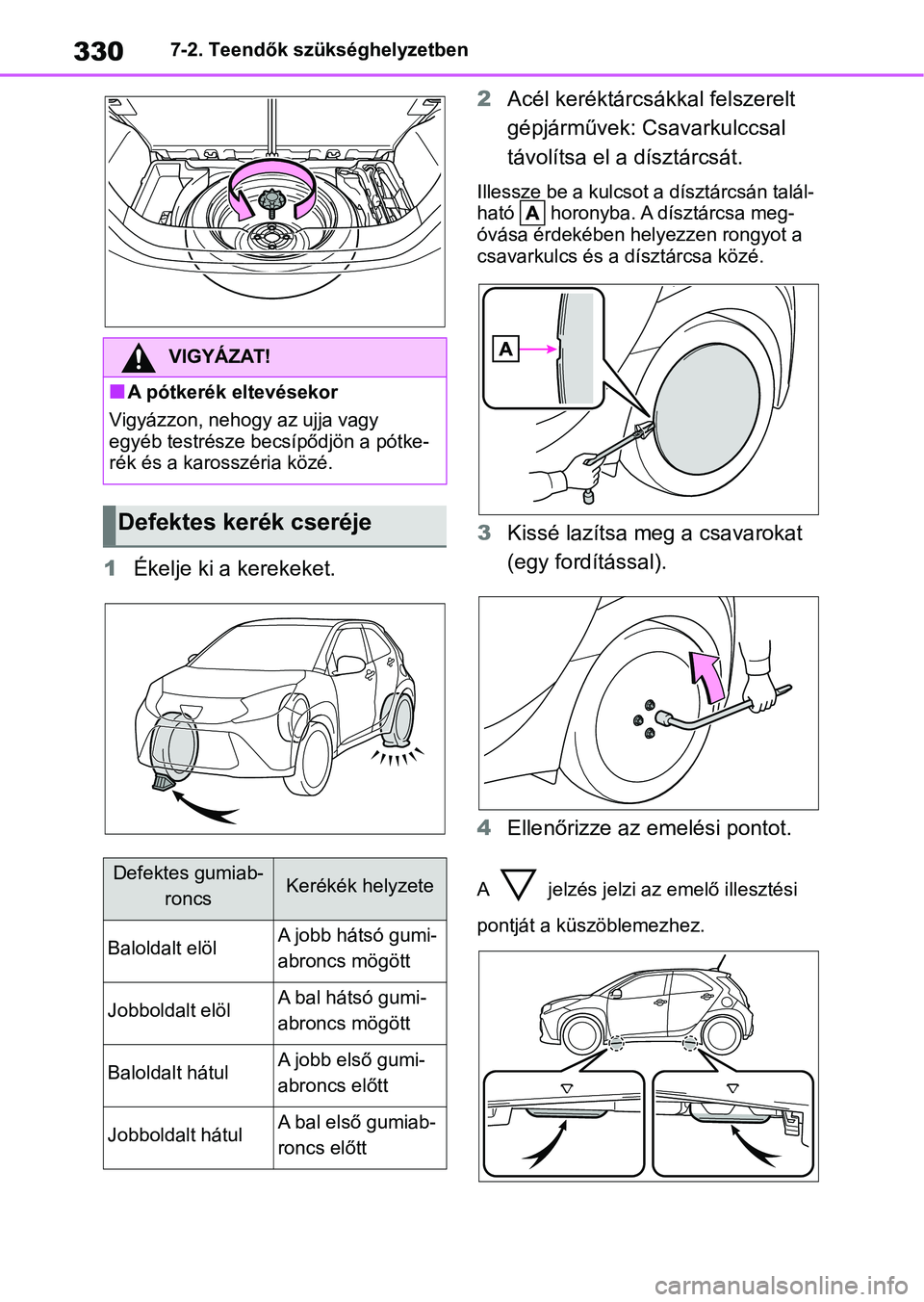TOYOTA AYGO X 2022 Kezelési útmutató (in Hungarian) 3307-2. Teendők szükséghelyzetben
1Ékelje ki a kerekeket. 2
Acél keréktárcsákkal felszerelt
gépjárművek: Csavarkulccsal
távolítsa el a dísztárcsát.
Illessze be a kulcsot a dísztárc TOYOTA AYGO X 2022 Kezelési útmutató (in Hungarian) 3307-2. Teendők szükséghelyzetben
1Ékelje ki a kerekeket. 2
Acél keréktárcsákkal felszerelt
gépjárművek: Csavarkulccsal
távolítsa el a dísztárcsát.
Illessze be a kulcsot a dísztárc