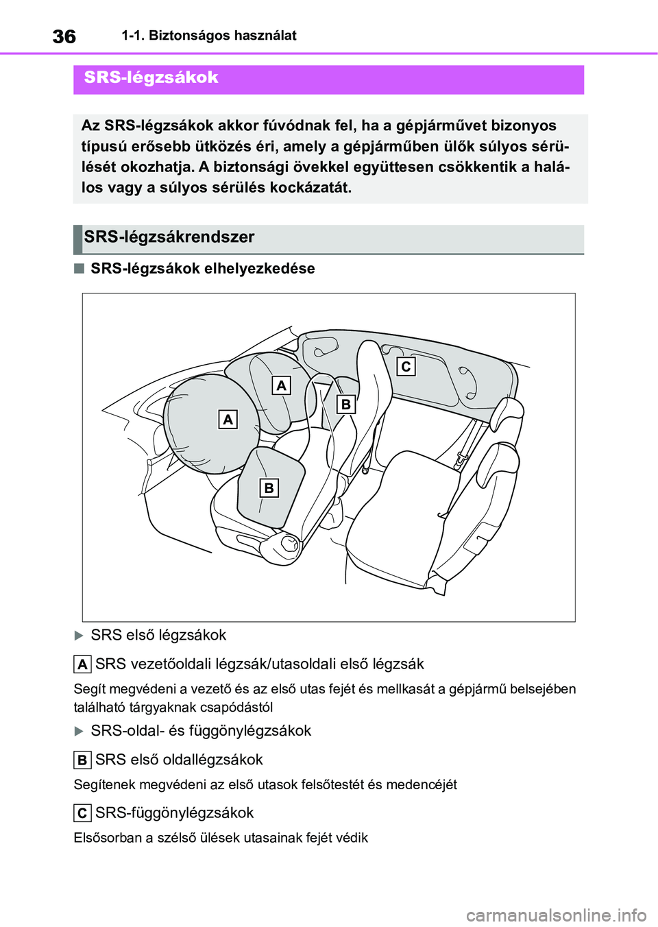 TOYOTA AYGO X 2022 Kezelési útmutató (in Hungarian) 361-1. Biztonságos használat
nSRS-légzsákok elhelyezkedése
SRS első légzsákokSRS vezetőoldali légzsák/utasoldali első légzsák
Segít megvédeni a vezető és az első utas fejét és TOYOTA AYGO X 2022 Kezelési útmutató (in Hungarian) 361-1. Biztonságos használat
nSRS-légzsákok elhelyezkedése
SRS első légzsákokSRS vezetőoldali légzsák/utasoldali első légzsák
Segít megvédeni a vezető és az első utas fejét és