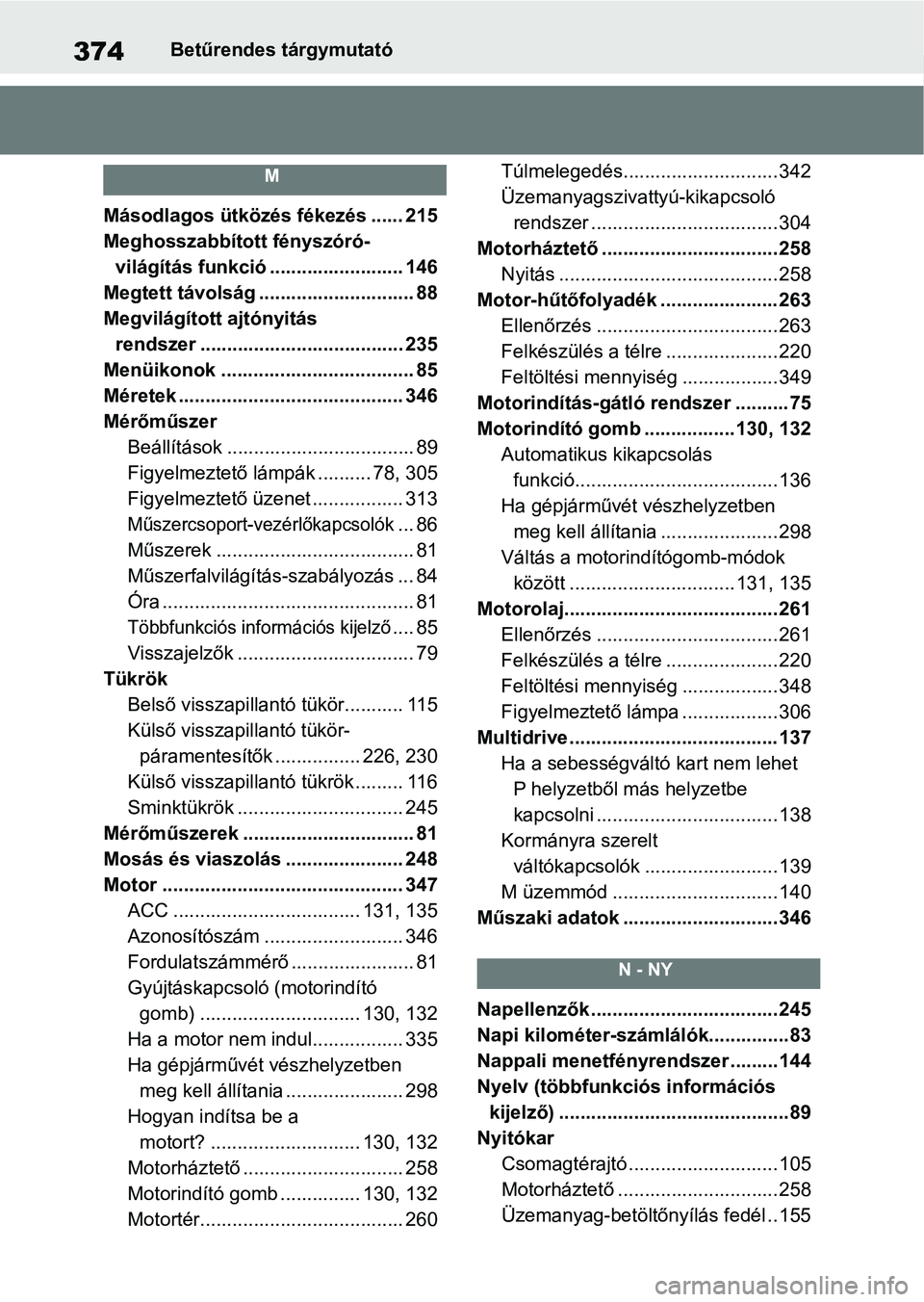 TOYOTA AYGO X 2022 Kezelési útmutató (in Hungarian) 374Betűrendes tárgymutató
M
Másodlagos ütközés fékezés ...... 215
Meghosszabbított fényszóró-világítás funkció ......................... 146
Megtett távolság ....................... TOYOTA AYGO X 2022 Kezelési útmutató (in Hungarian) 374Betűrendes tárgymutató
M
Másodlagos ütközés fékezés ...... 215
Meghosszabbított fényszóró-világítás funkció ......................... 146
Megtett távolság .......................