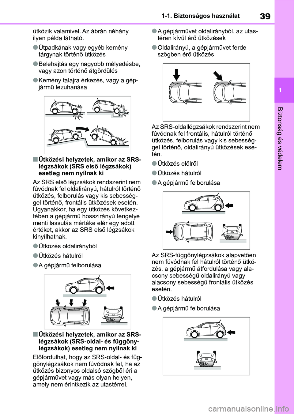 TOYOTA AYGO X 2022 Kezelési útmutató (in Hungarian) 39
1
1-1. Biztonságos használat
Biztonság és védelem
ütközik valamivel. Az ábrán néhány
ilyen példa látható.
lÚtpadkának vagy egyéb kemény
tárgynak történő ütközés
lBelehajt TOYOTA AYGO X 2022 Kezelési útmutató (in Hungarian) 39
1
1-1. Biztonságos használat
Biztonság és védelem
ütközik valamivel. Az ábrán néhány
ilyen példa látható.
lÚtpadkának vagy egyéb kemény
tárgynak történő ütközés
lBelehajt