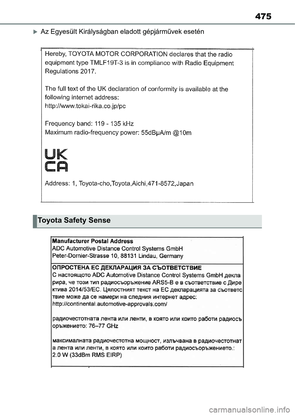 TOYOTA AYGO X 2022 Kezelési útmutató (in Hungarian) 475
Az Egyesült Királyságban eladott gépjárművek esetén
Toyota Safety Sense TOYOTA AYGO X 2022 Kezelési útmutató (in Hungarian) 475
Az Egyesült Királyságban eladott gépjárművek esetén
Toyota Safety Sense
