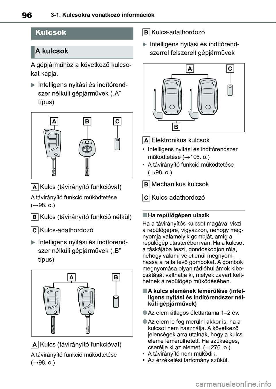 TOYOTA AYGO X 2022 Kezelési útmutató (in Hungarian) 963-1. Kulcsokra vonatkozó információk
3-1.Kulcsokra vonatkozó információk
A gépjárműhöz a következő kulcso-
kat kapja.
Intelligens nyitási és indítórend-
szer nélküli gépjármű TOYOTA AYGO X 2022 Kezelési útmutató (in Hungarian) 963-1. Kulcsokra vonatkozó információk
3-1.Kulcsokra vonatkozó információk
A gépjárműhöz a következő kulcso-
kat kapja.
Intelligens nyitási és indítórend-
szer nélküli gépjármű